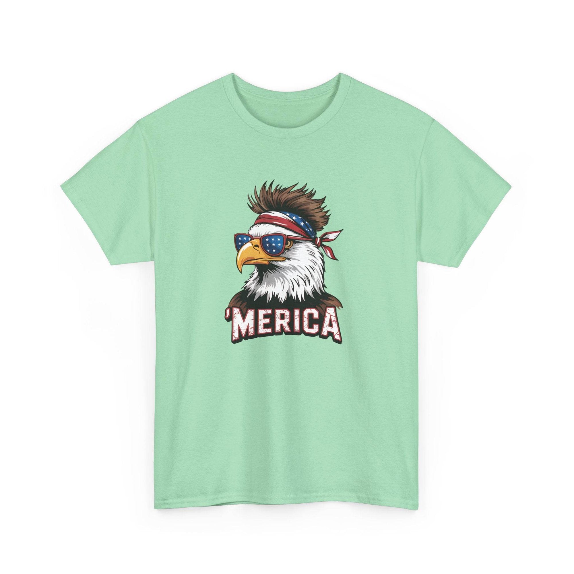Merica bald eagle graphic on mint green t-shirt with sunglasses, bandana, and bold MERICA text.
