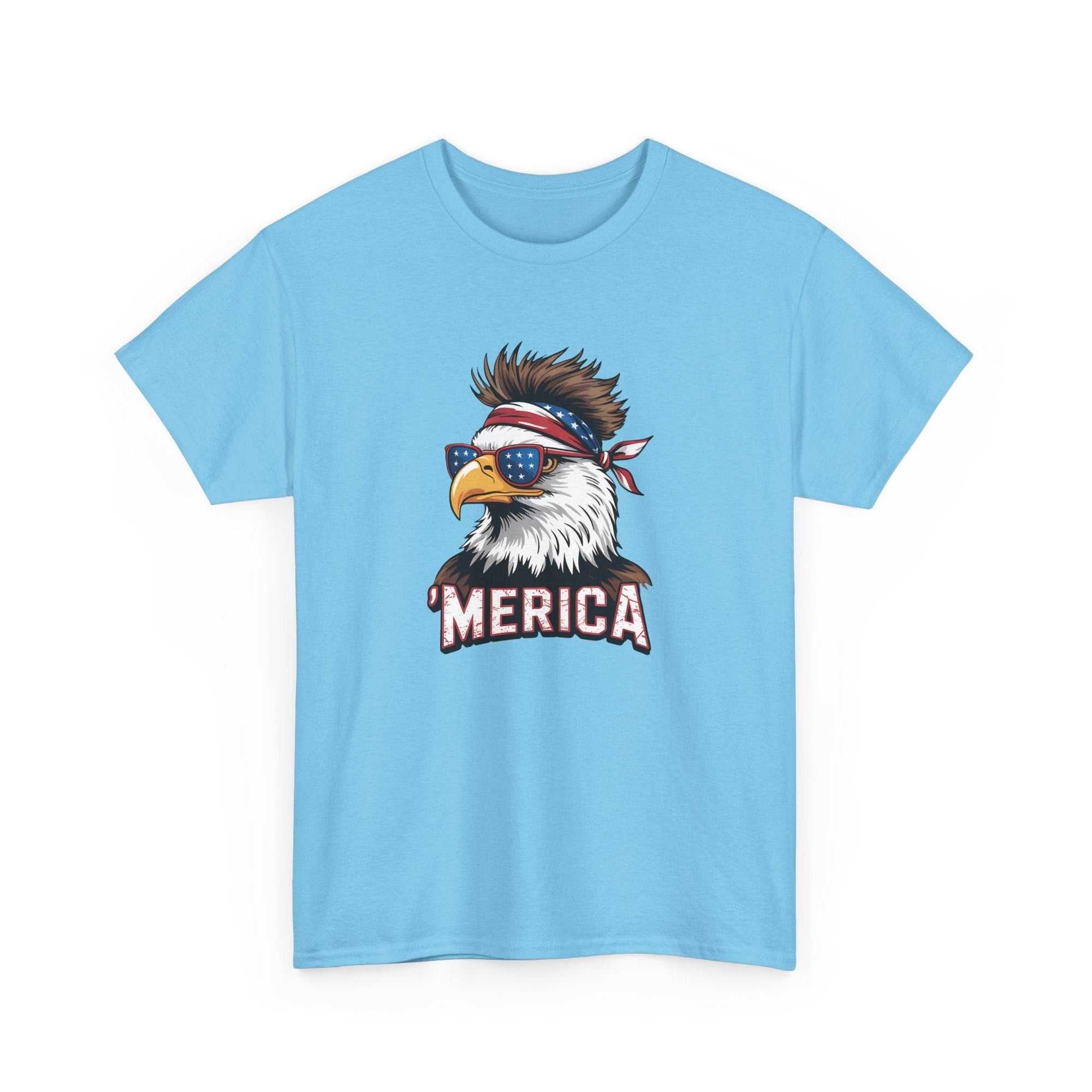 Merica Bald Eagle shirt with patriotic bald eagle wearing sunglasses and a bandana, MERICA text.
