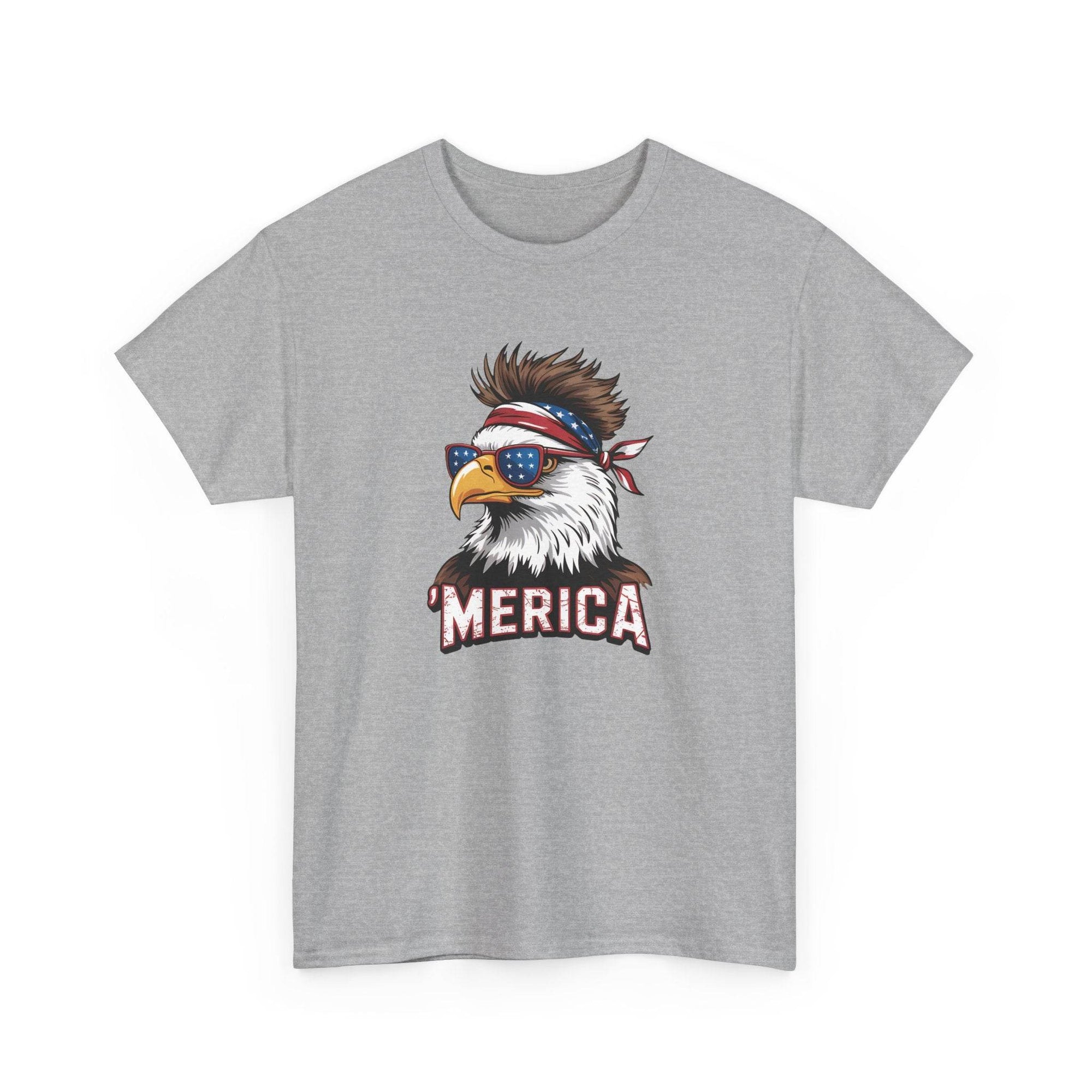 Merica Bald Eagle shirt featuring a patriotic eagle in star-spangled sunglasses and a bandana, MERICA text