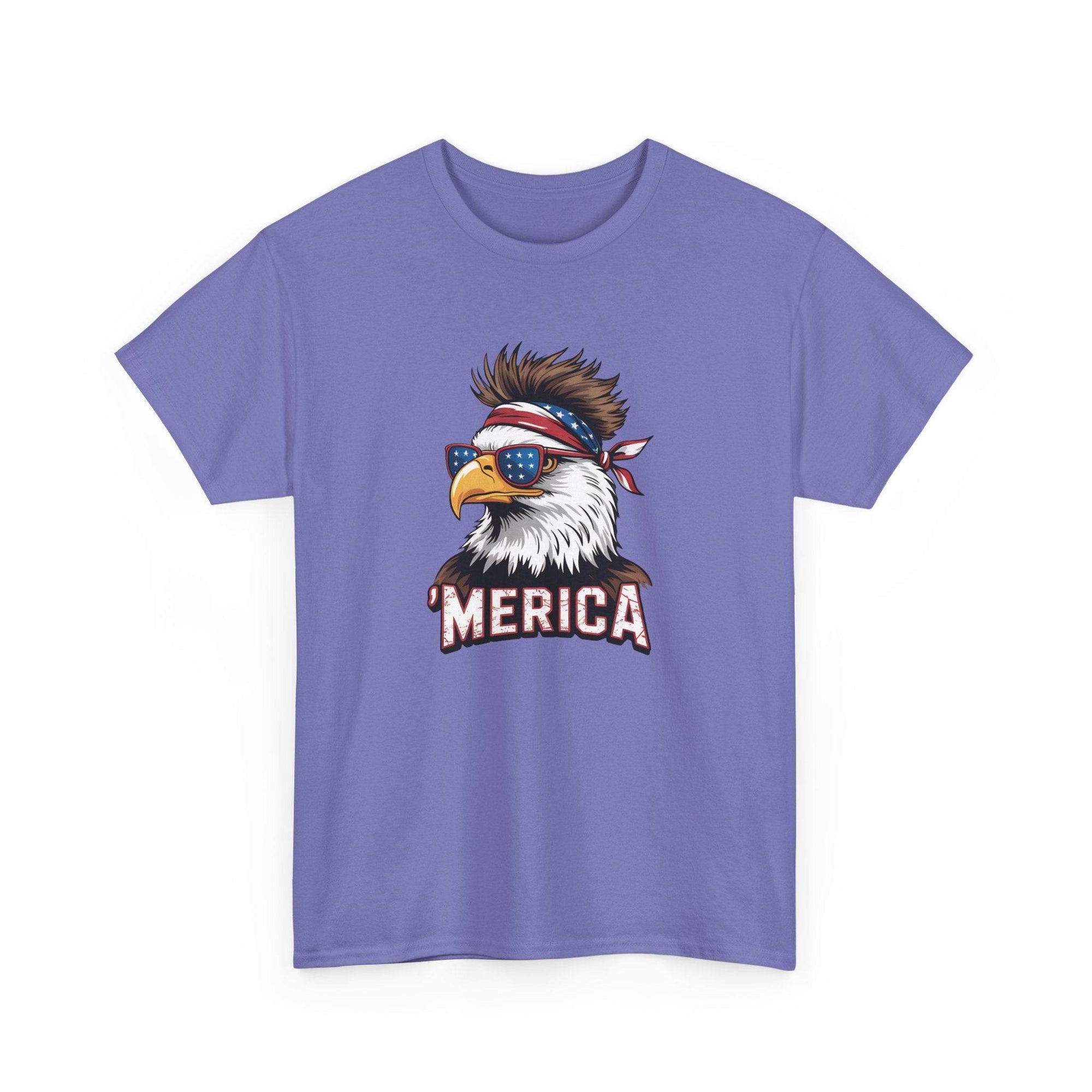 Purple tee featuring a patriotic bald eagle with bandana and star-spangled sunglasses and 'MERICA' text.