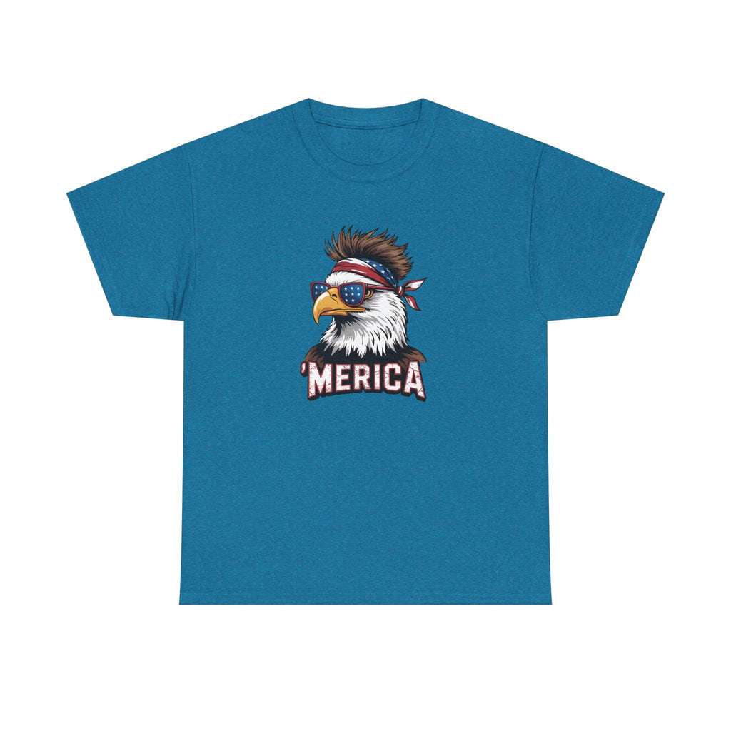 Blue Merica Bald Eagle shirt featuring patriotic eagle with bandana and star-spangled sunglasses, MERICA text