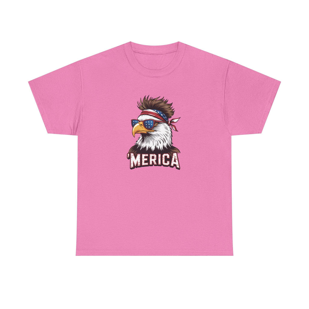 Merica Bald Eagle shirt on pink tee, bald eagle with bandana and star-spangled sunglasses, 'MERICA' text.