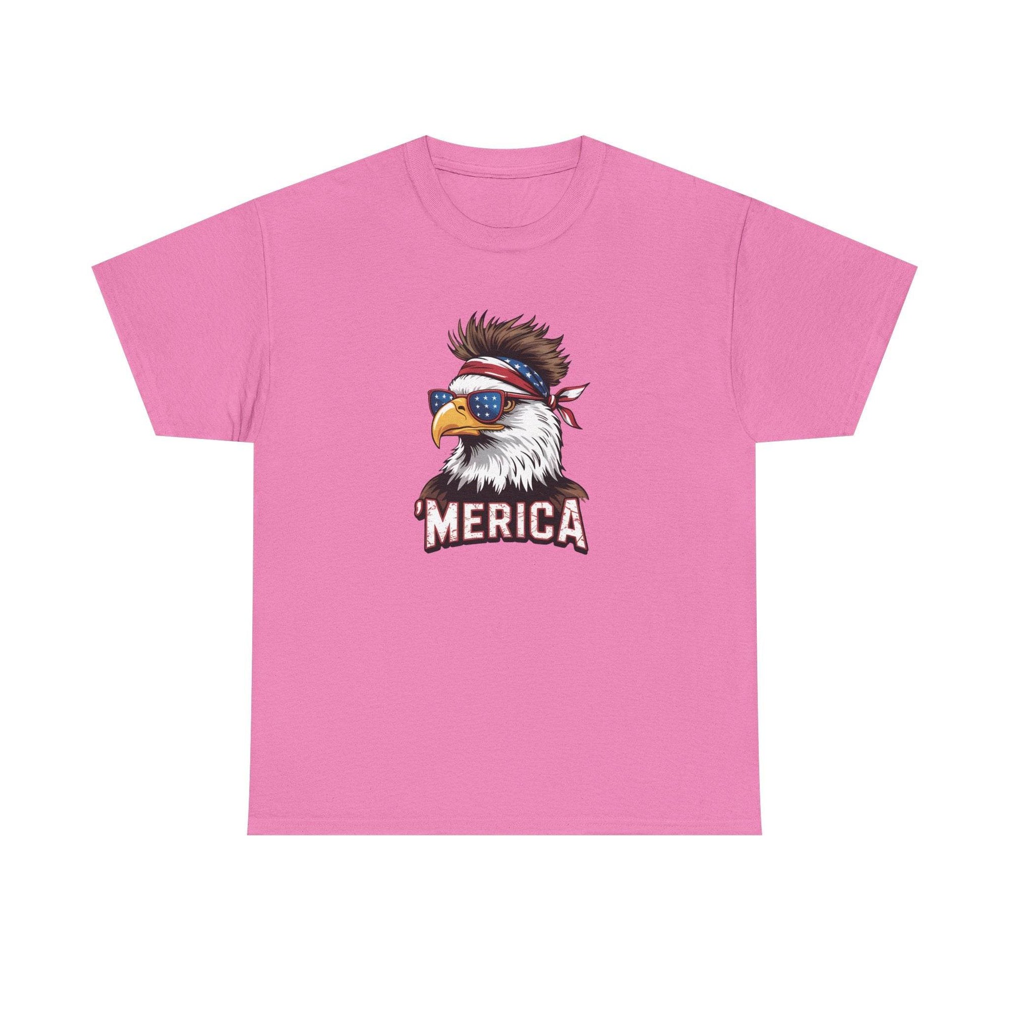 Merica Bald Eagle shirt on pink tee, bald eagle with bandana and star-spangled sunglasses, 'MERICA' text.