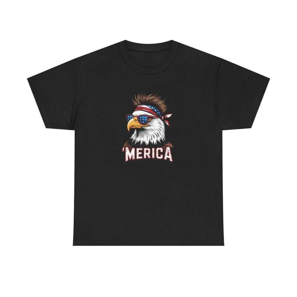 Merica Bald Eagle shirt: patriotic eagle with star-spangled sunglasses and bandana, bold 'MERICA' text on black tee