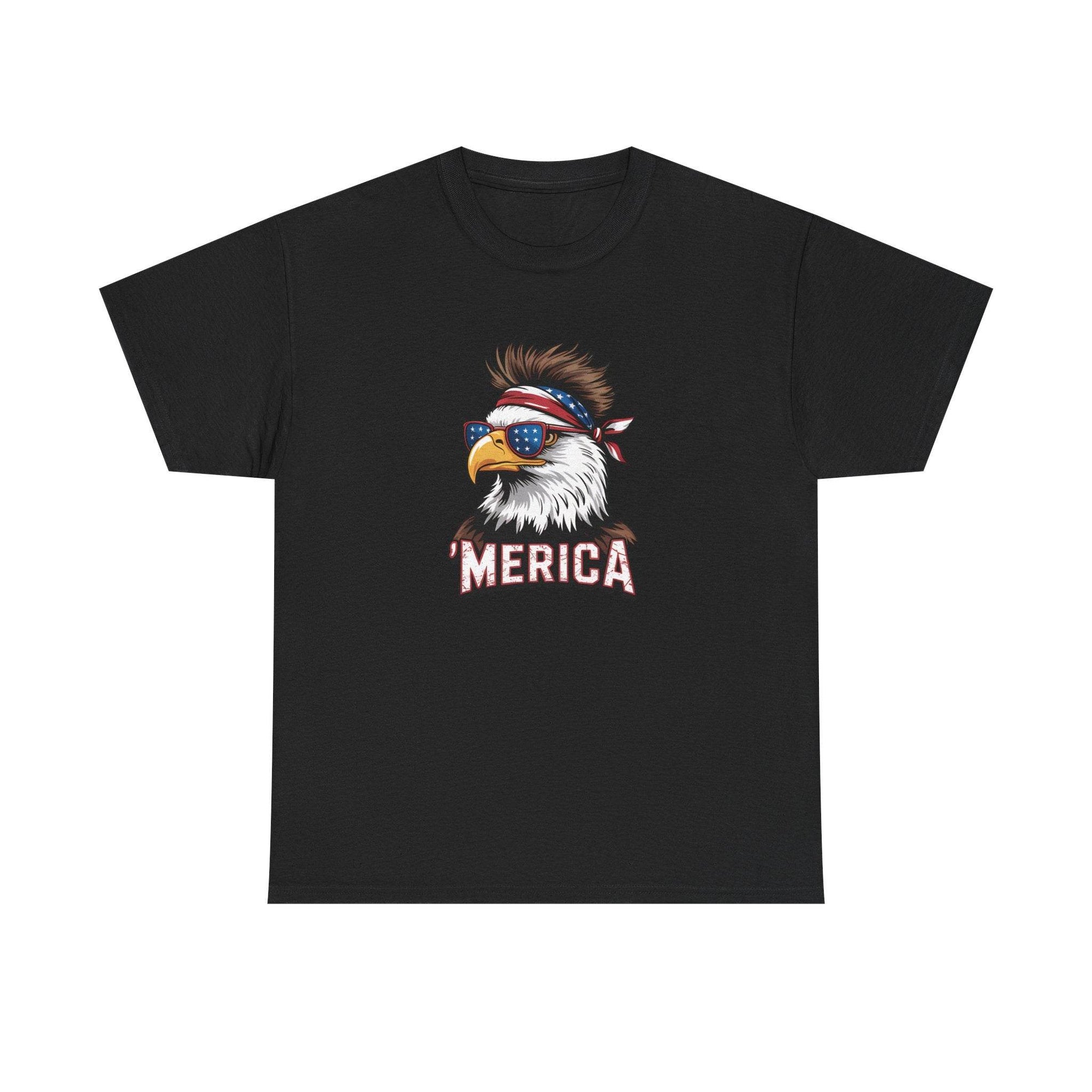 Merica Bald Eagle shirt: patriotic eagle with star-spangled sunglasses and bandana, bold 'MERICA' text on black tee