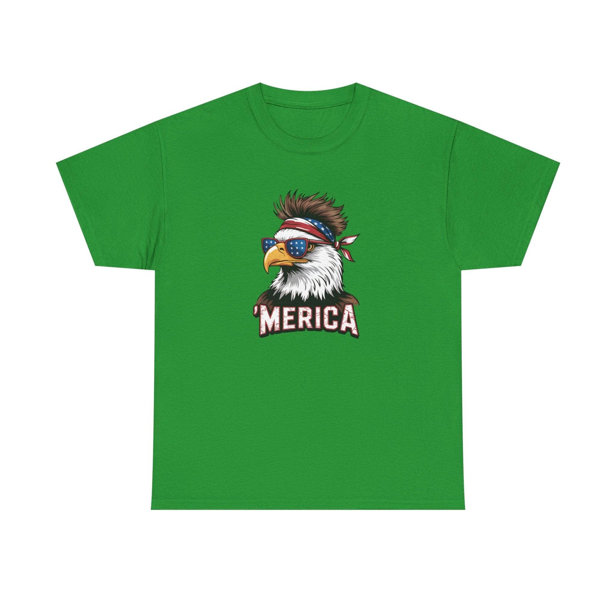 Merica Bald Eagle Shirt for Patriotic Americans: green tee with bald eagle wearing sunglasses and star-spangled bandana.