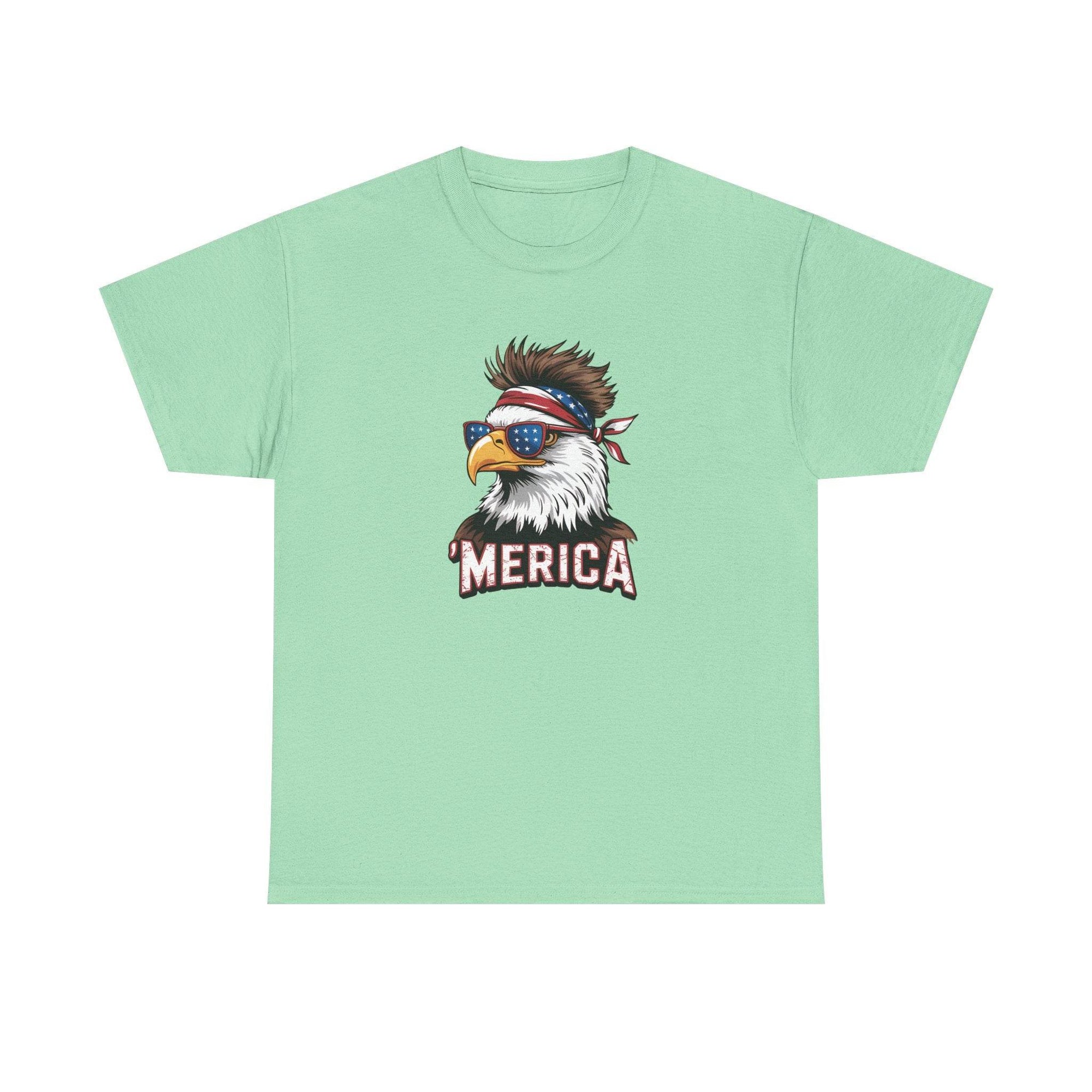 Bald eagle wearing star-spangled sunglasses and bandana with MERICA on a mint-green T-shirt