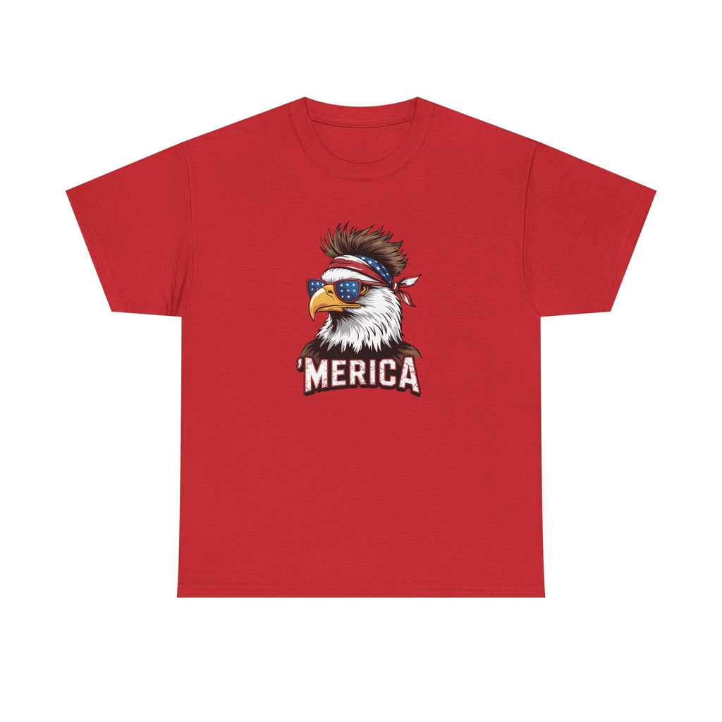 Red T-shirt featuring a bald eagle with bandana and star-spangled sunglasses, bold MERICA text.