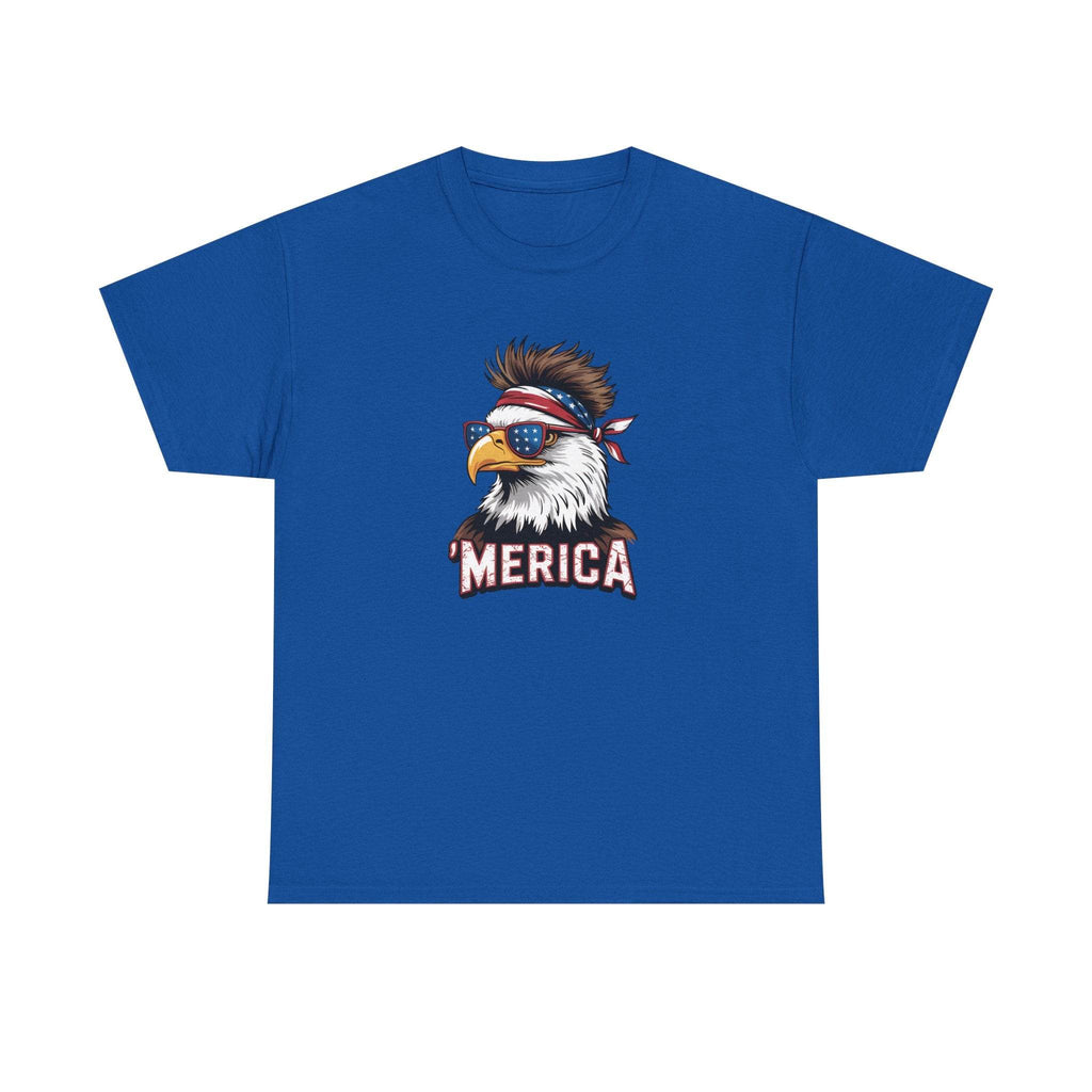 Blue t-shirt featuring a patriotic bald eagle wearing sunglasses and a bandana, with 'MERICA' text.