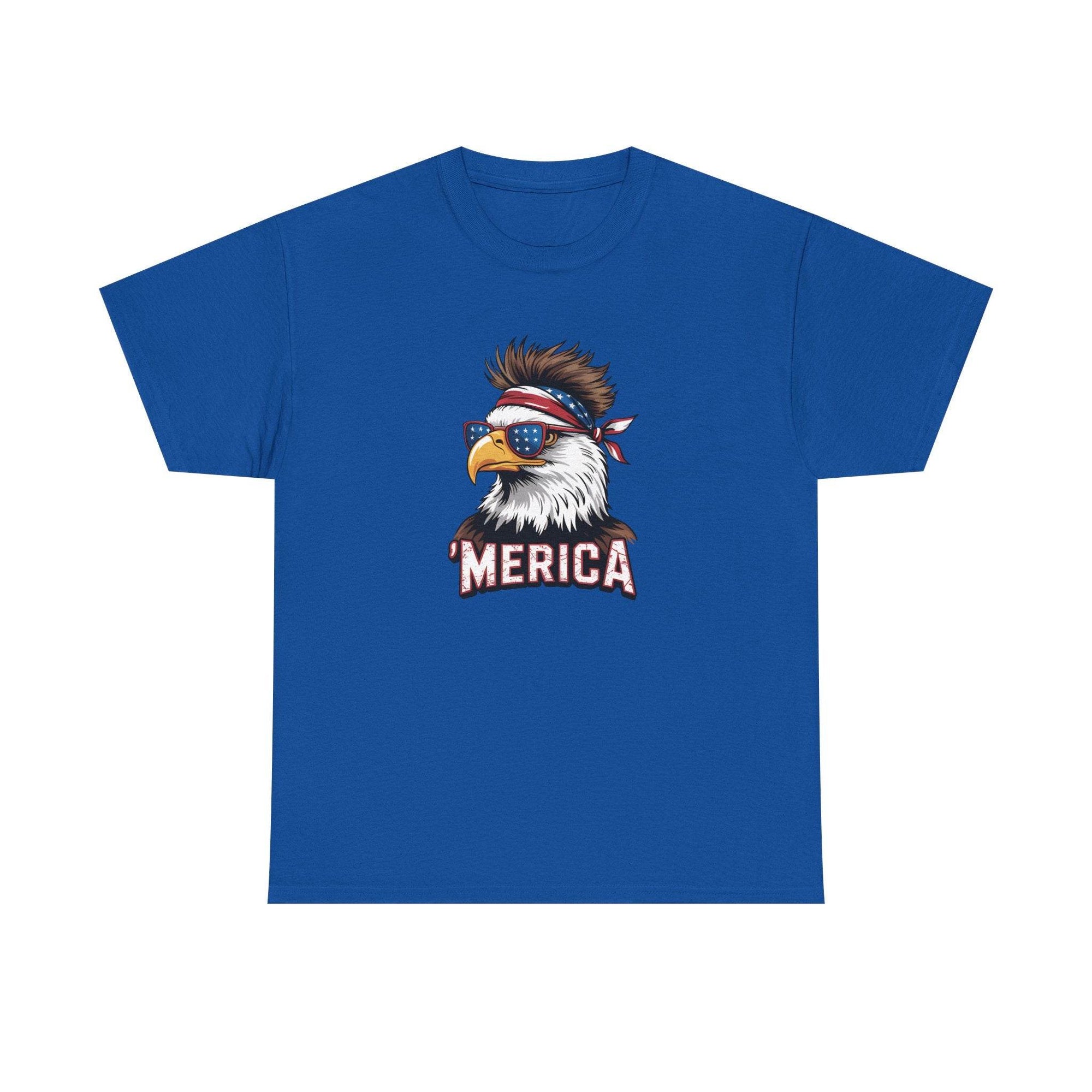 Blue t-shirt featuring a patriotic bald eagle wearing sunglasses and a bandana, with 'MERICA' text.