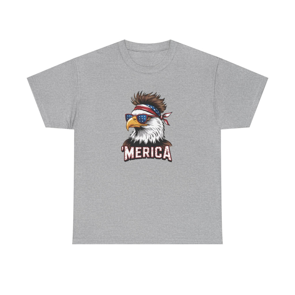 Merica Bald Eagle shirt: patriotic American eagle with bandana and sunglasses on gray tee.