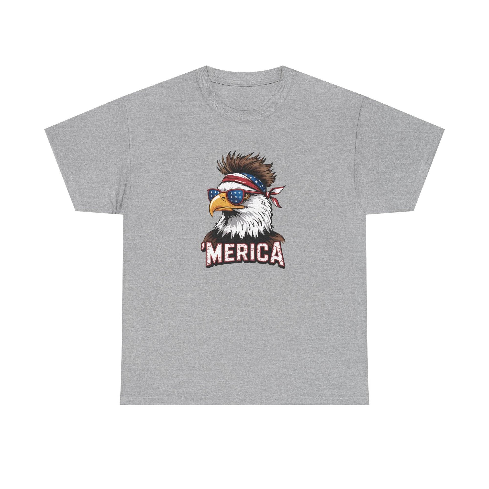 Merica Bald Eagle shirt: patriotic American eagle with bandana and sunglasses on gray tee.