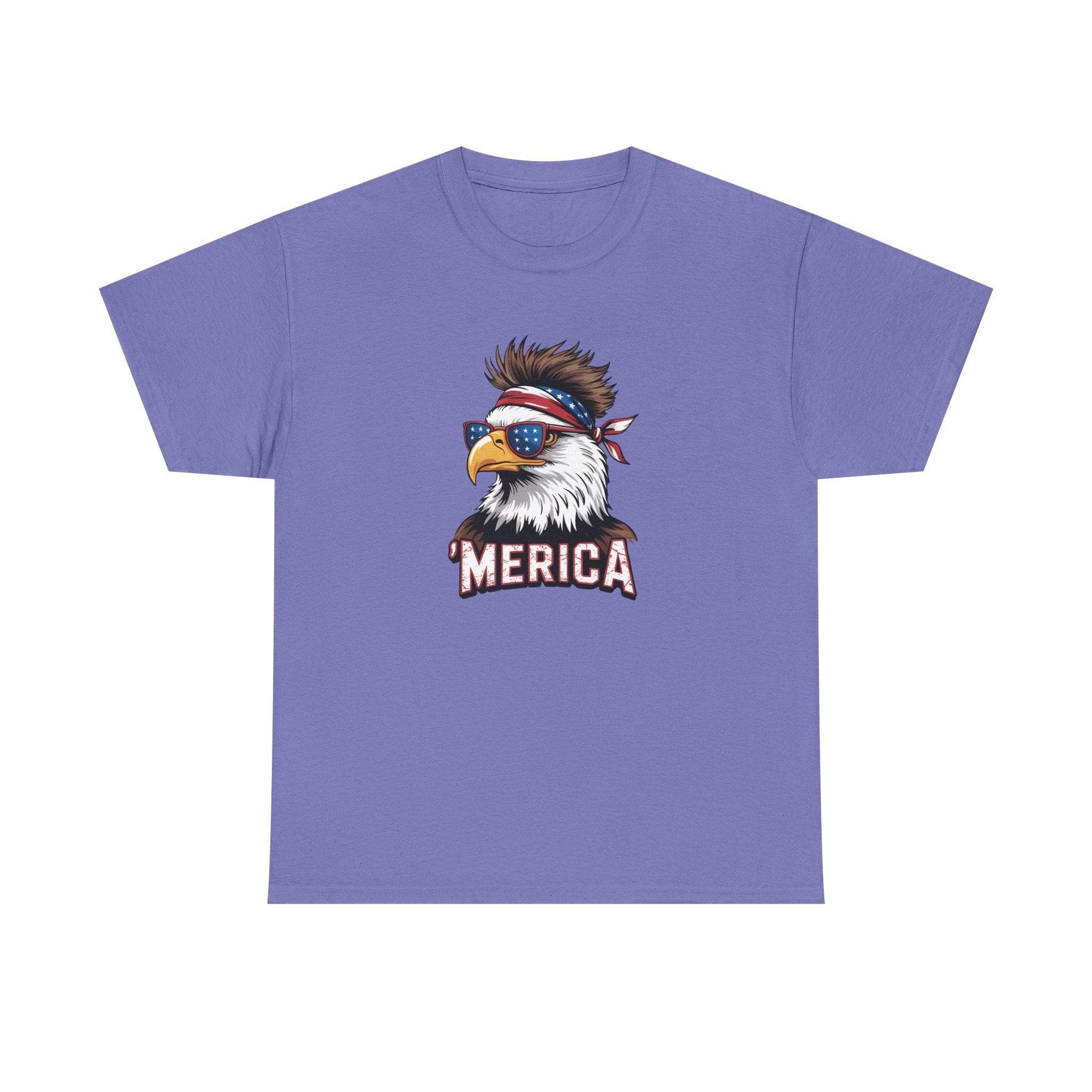 Merica bald eagle graphic on a purple tee with star-spangled sunglasses and patriotic bandana, MERICA.