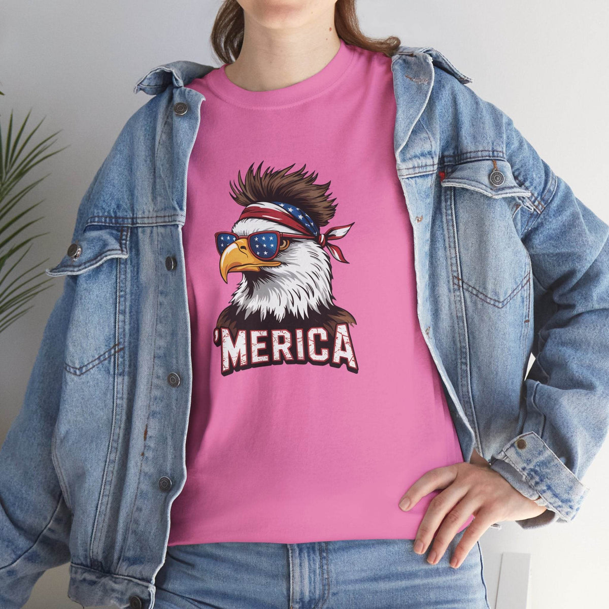Merica Bald Eagle shirt: bald eagle wearing star-spangled sunglasses and red-white-blue bandana on pink tee.