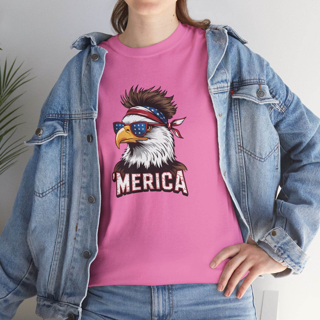 Merica Bald Eagle shirt: bald eagle wearing star-spangled sunglasses and red-white-blue bandana on pink tee.