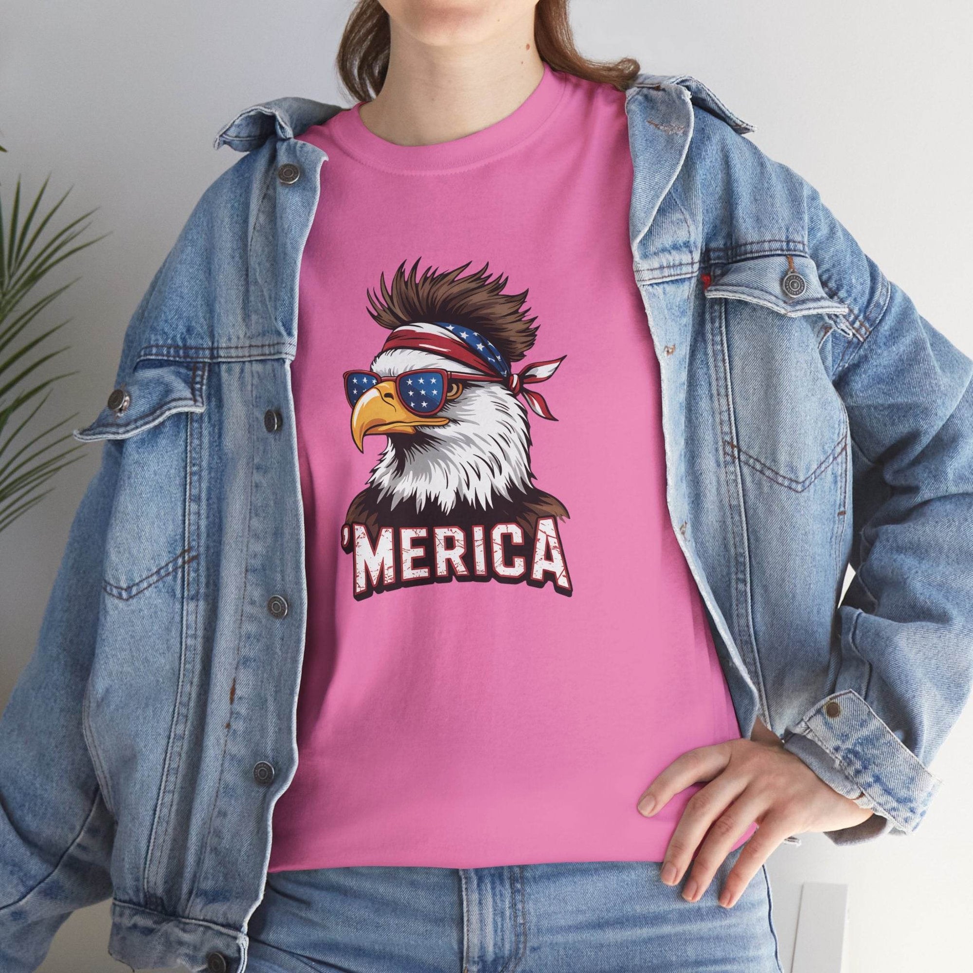 Merica Bald Eagle shirt: bald eagle wearing star-spangled sunglasses and red-white-blue bandana on pink tee.