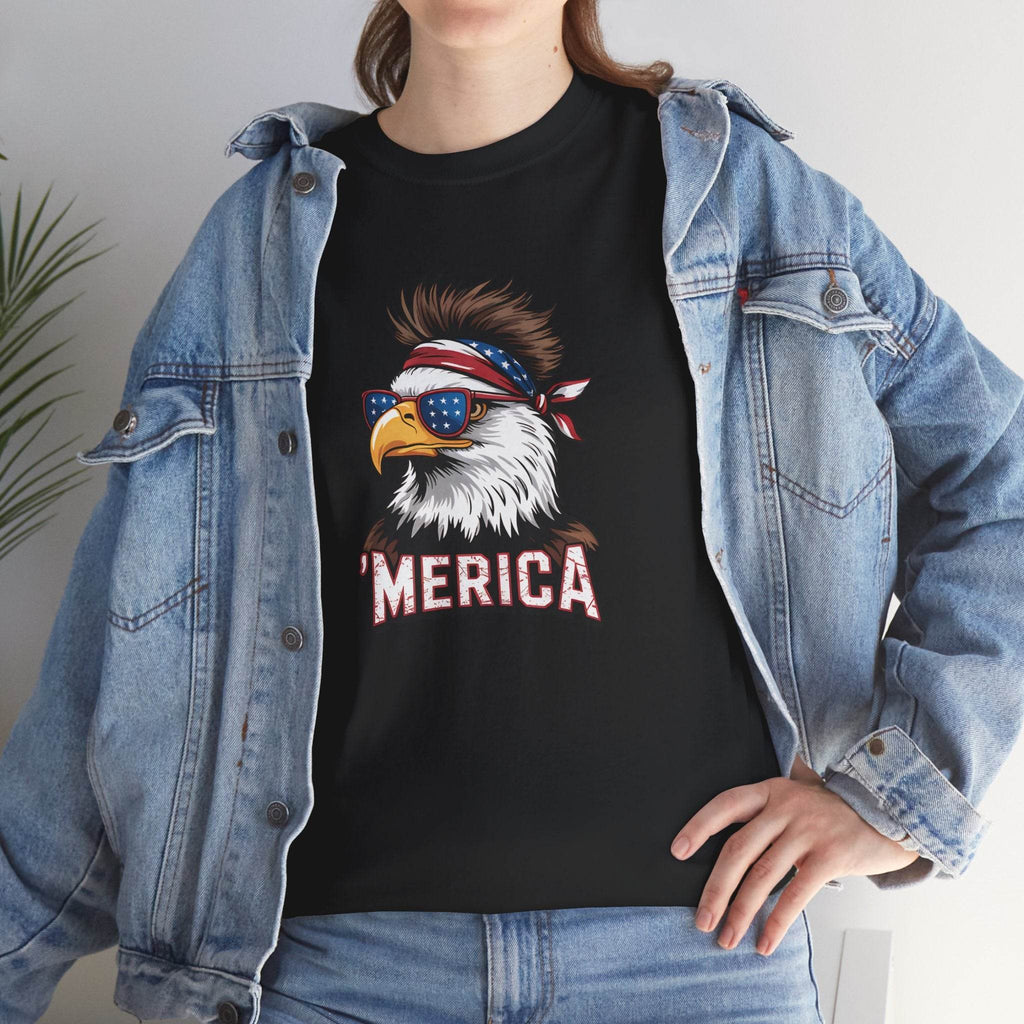 Merica Bald Eagle Shirt with patriotic eagle wearing star-spangled sunglasses and bandana MERICA text