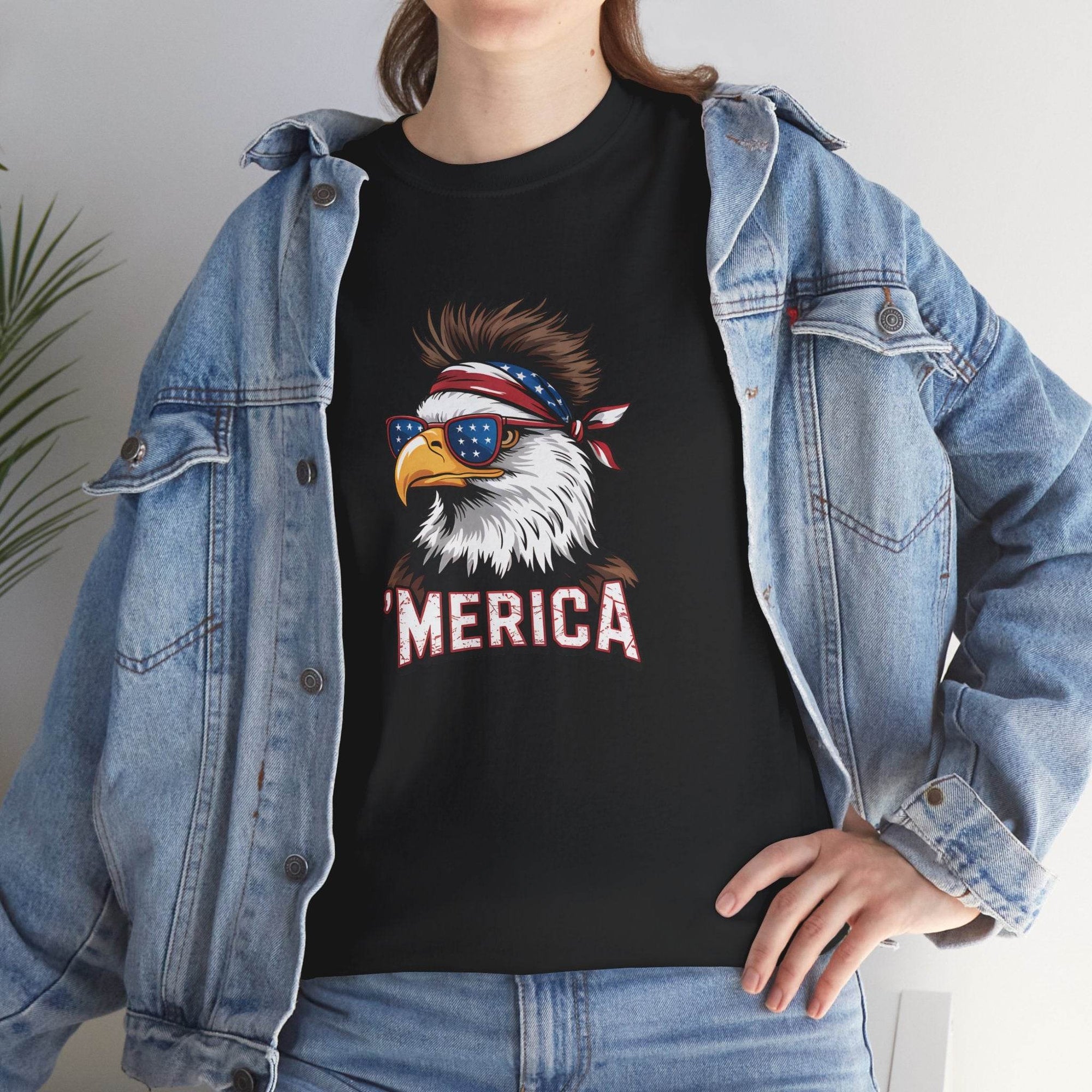 Merica Bald Eagle Shirt with patriotic eagle wearing star-spangled sunglasses and bandana MERICA text