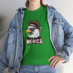 Green T-shirt featuring a patriotic bald eagle with star-spangled sunglasses and a bandana, 'MERICA' text.