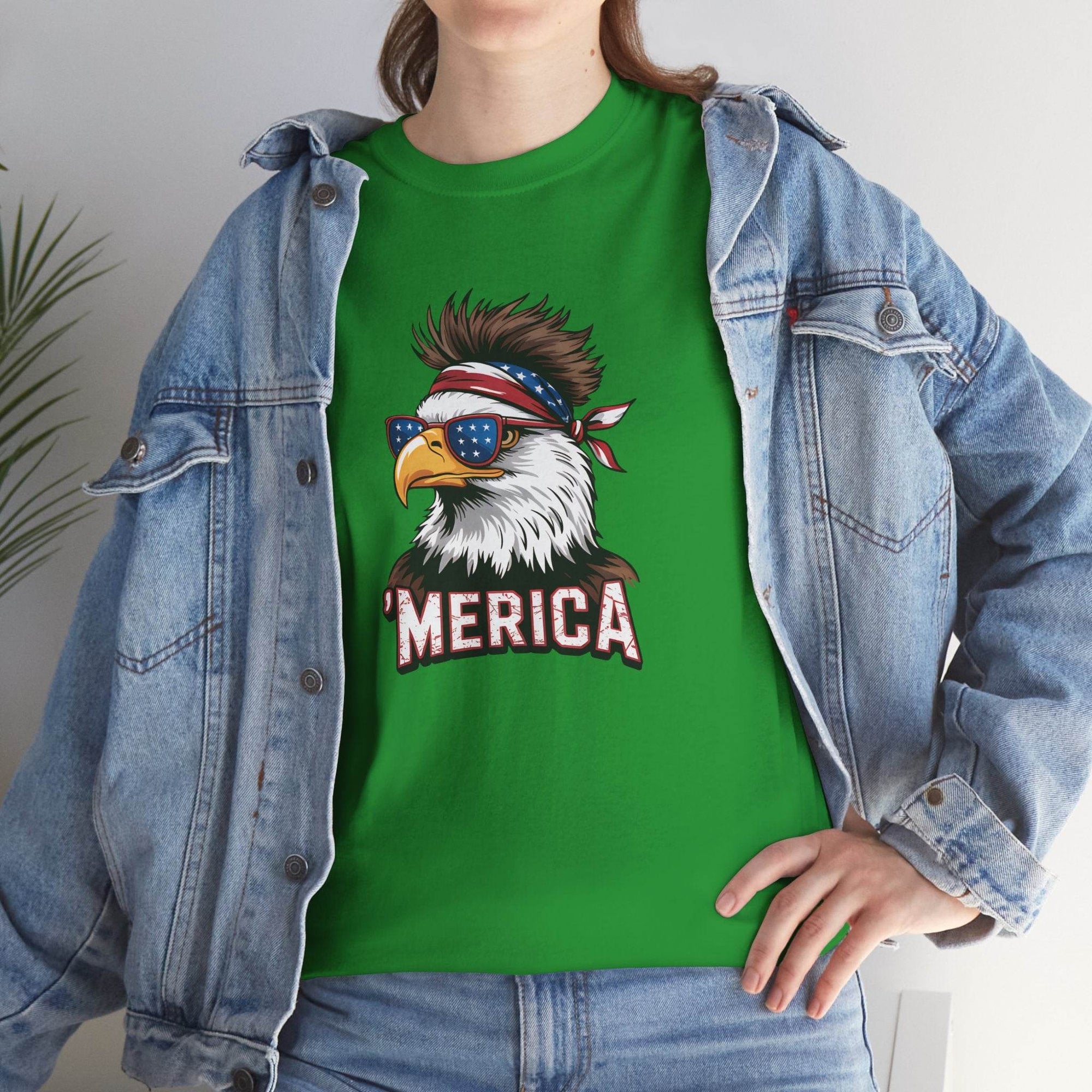 Green T-shirt featuring a patriotic bald eagle with star-spangled sunglasses and a bandana, 'MERICA' text.