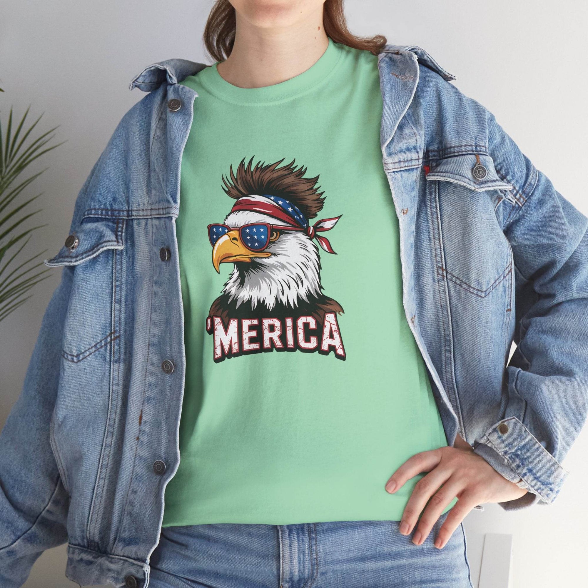 Mint green Merica Bald Eagle shirt with star-spangled sunglasses and patriotic bandana, MERICA graphic.