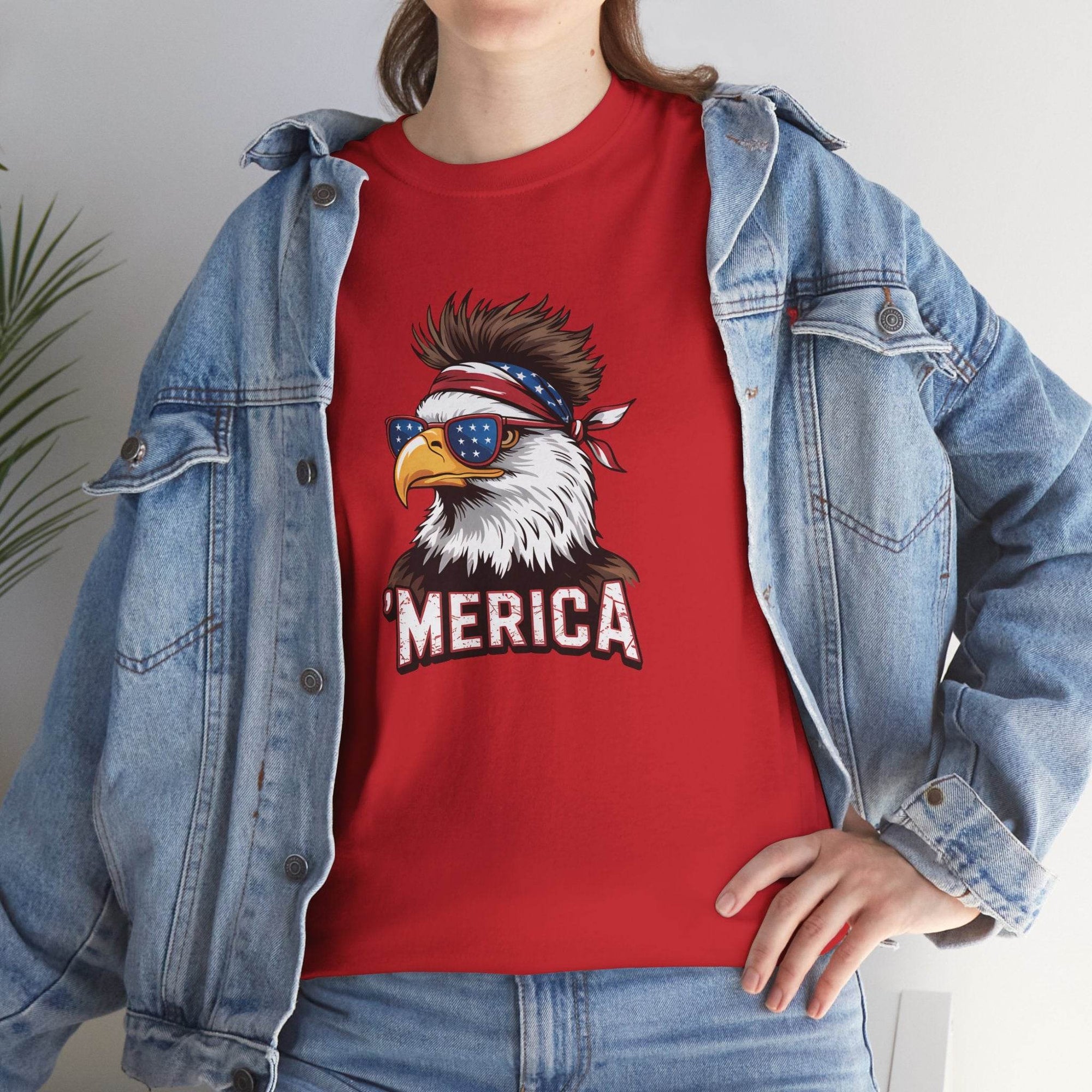 Merica Bald Eagle Shirt: patriotic eagle graphic with star-spangled sunglasses and MERICA text.