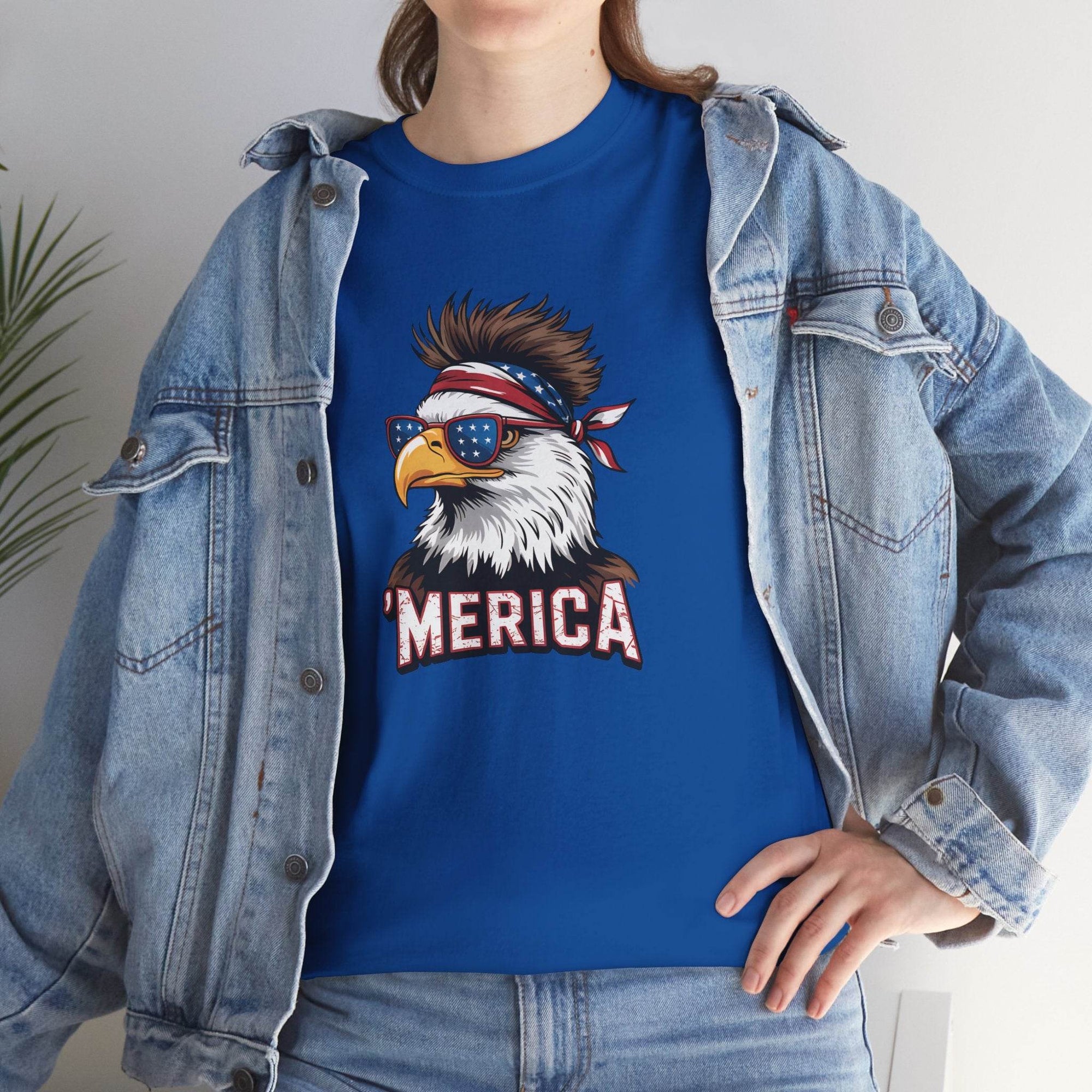 Patriotic blue T-shirt with a bald eagle wearing star-spangled sunglasses and 'MERICA' text.