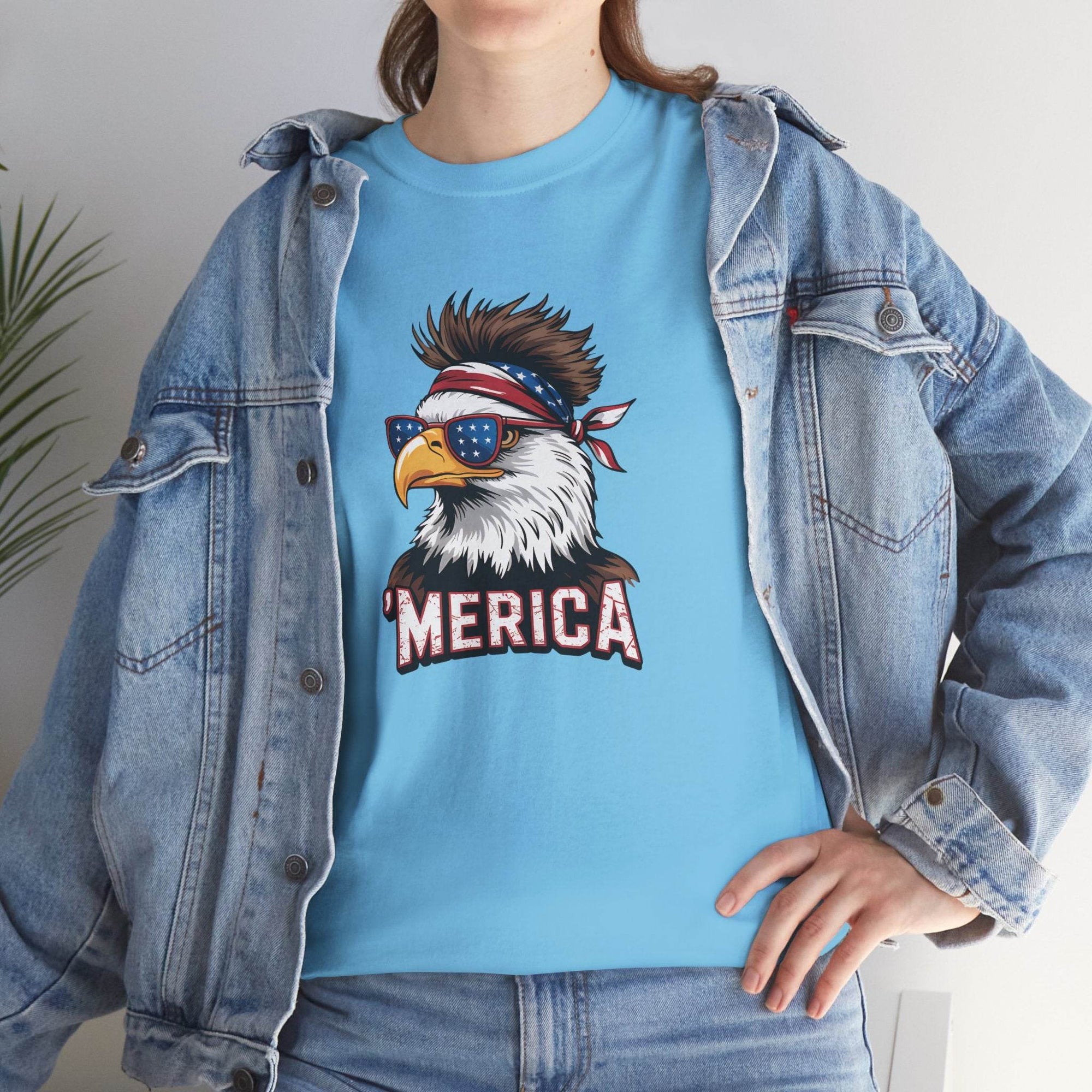 Merica Bald Eagle shirt: patriotic eagle with star-spangled sunglasses and bandana, MERICA text on blue tee