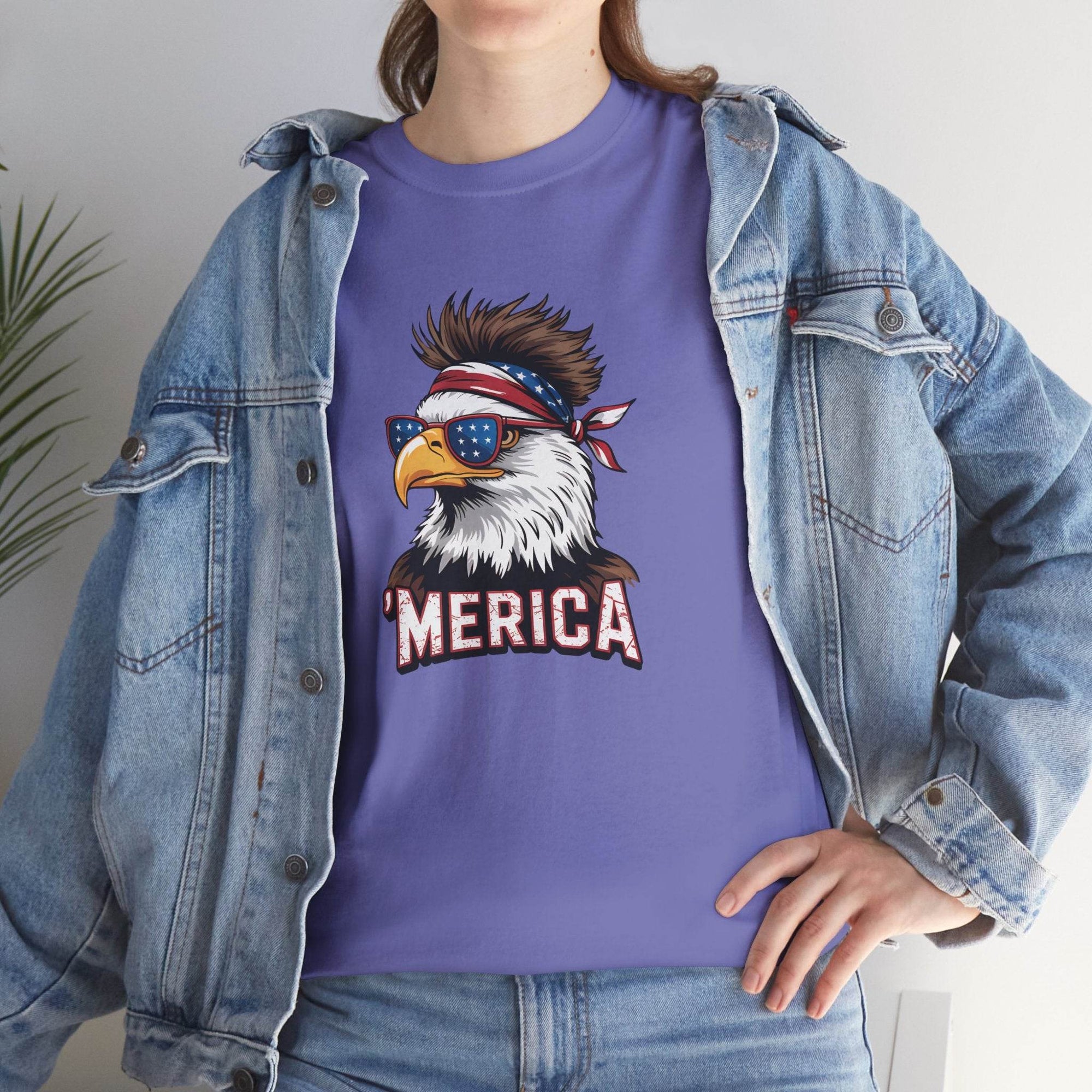 Merica Bald Eagle shirt on a purple tee featuring a patriotic bald eagle with star-spangled sunglasses and a bandana.