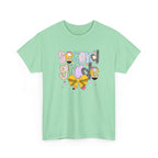 Mint green 2nd grade youth T-shirt with colorful patterned 'school girl' lettering and a yellow bow.