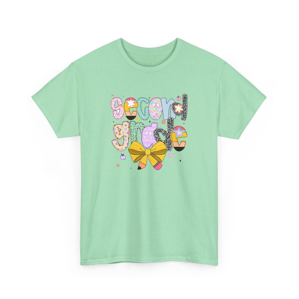 Mint green 2nd grade youth T-shirt with colorful patterned 'school girl' lettering and a yellow bow.