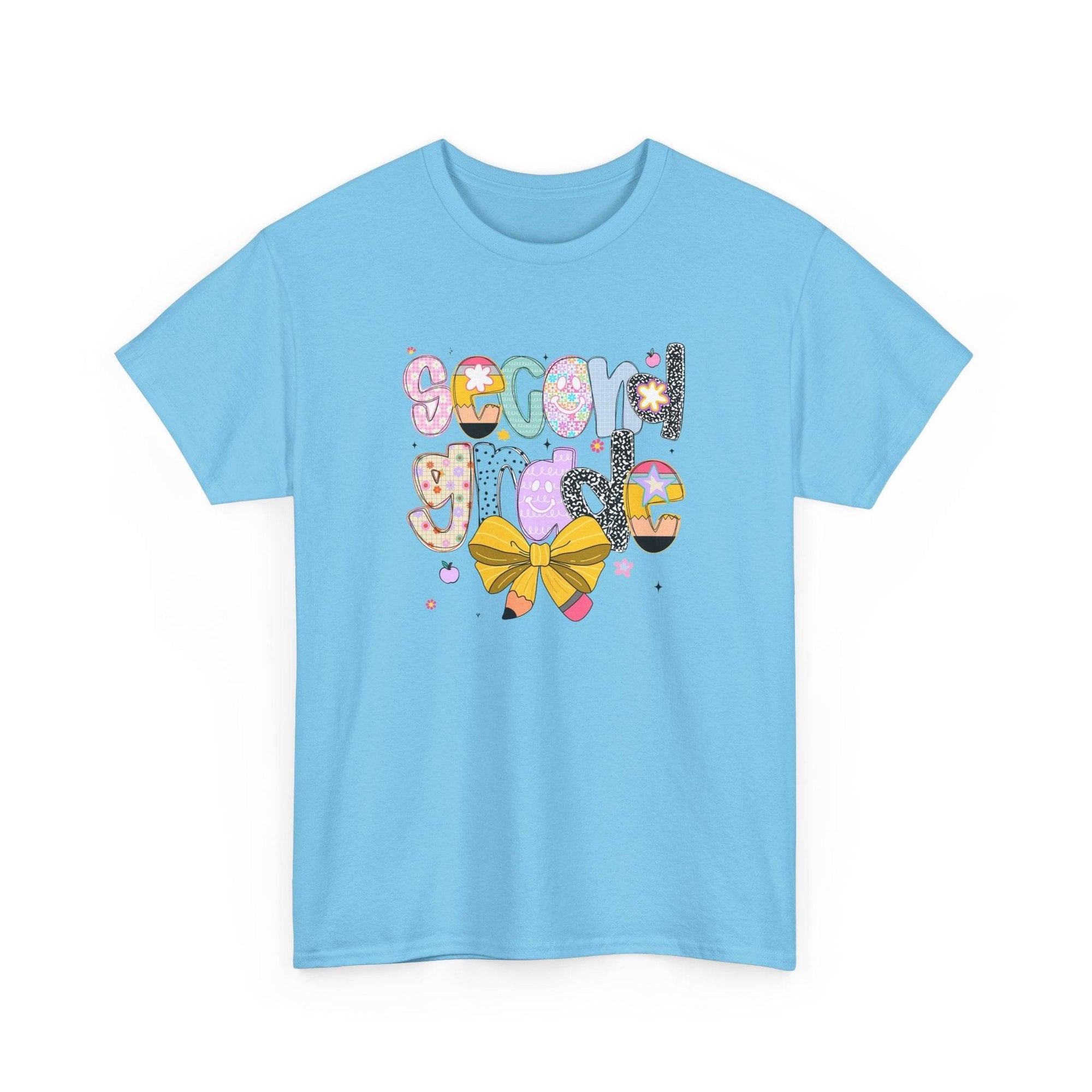 Light blue 2nd grade youth T-shirt featuring colorful patterned letters and a yellow bow.