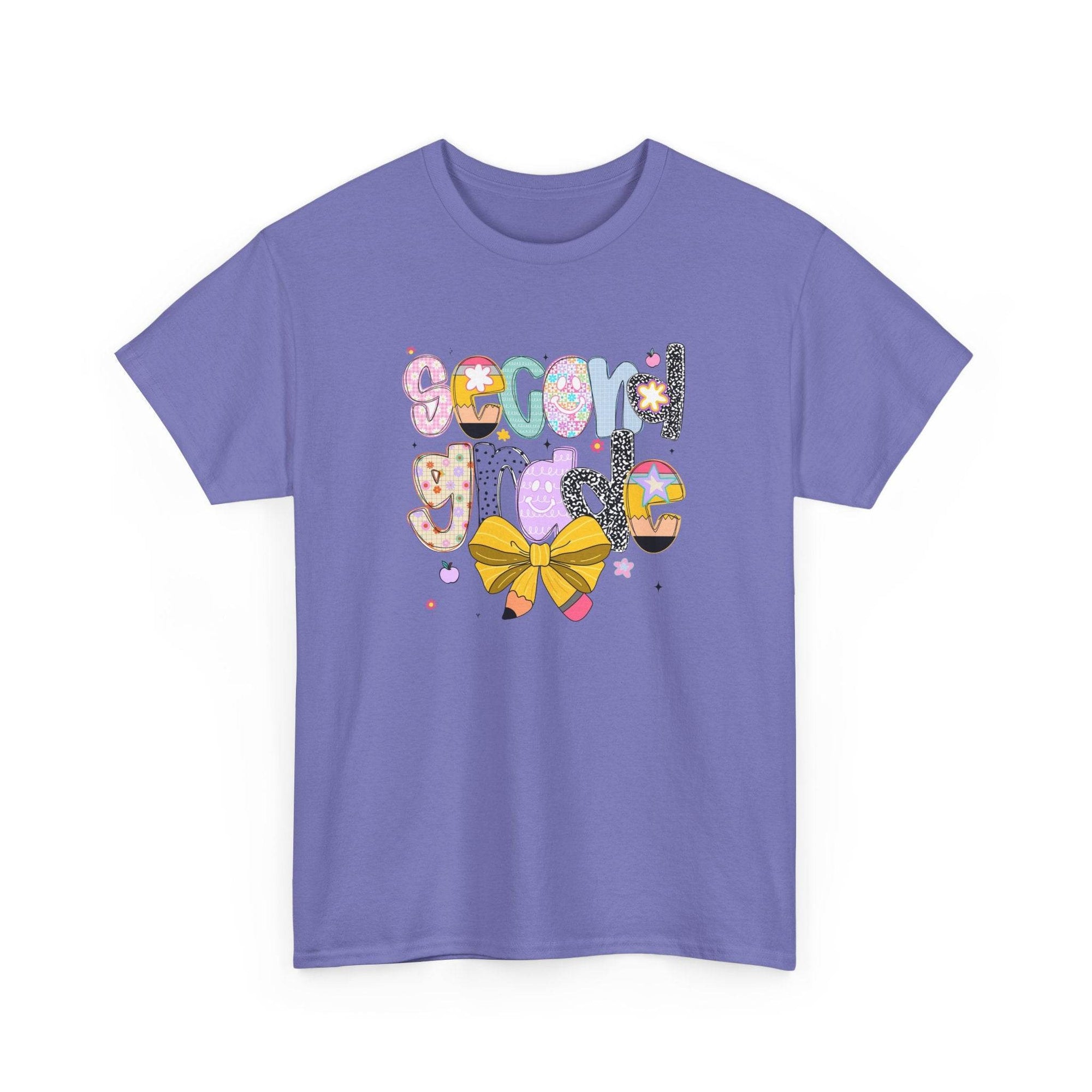 Purple 2nd-grade youth T-shirt featuring colorful school girl lettering and a large yellow bow.