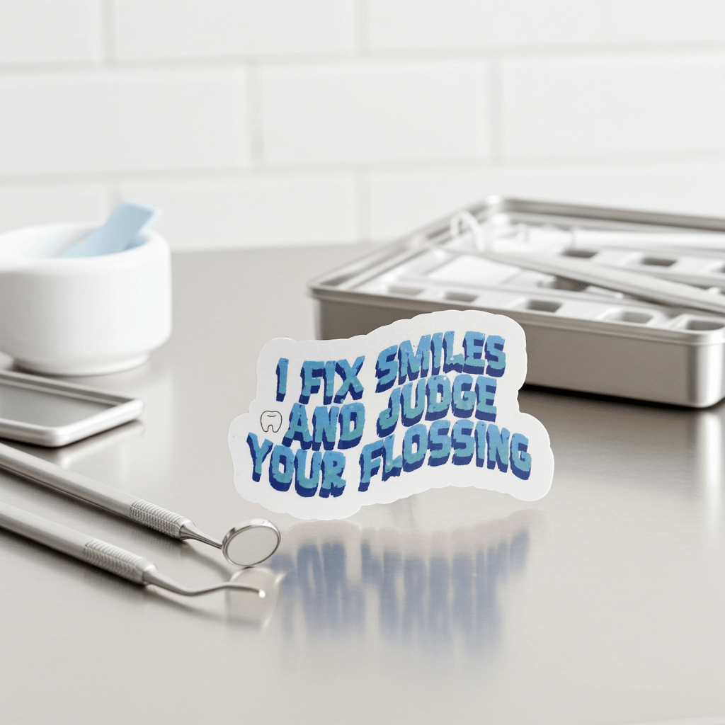 Sticker with text 'I fix smiles and judge your flossing' on a dental office counter.