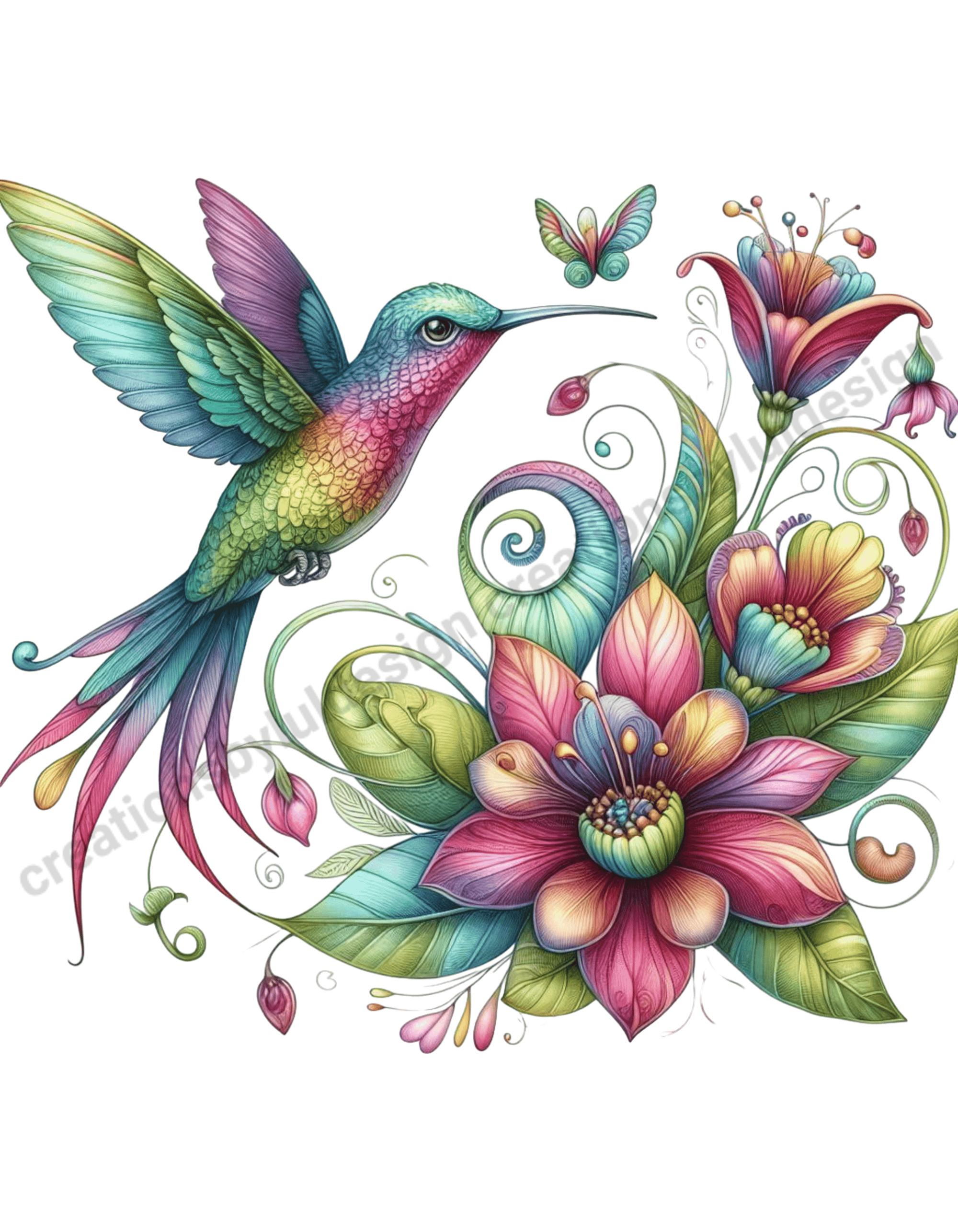 Colorful hummingbird and ornate flowers from Butterfly Digital Download design.