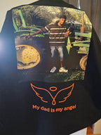 Custom memorial tee with back photo of a man by a tractor and orange wings, My dad is my angel.
