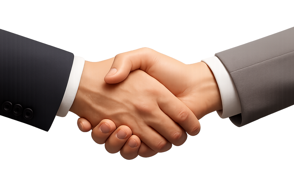 Two hands shaking hands against a white background