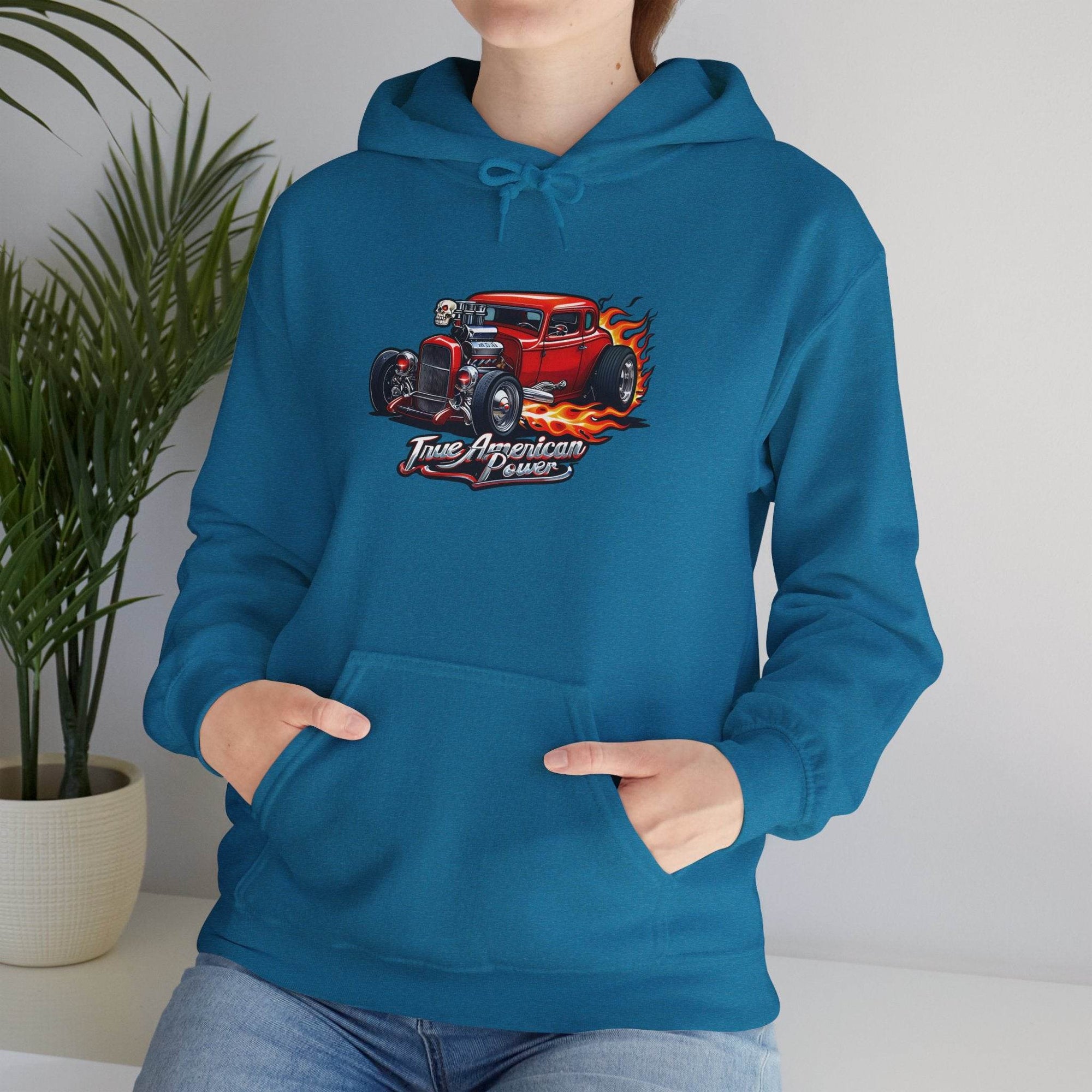 Blue hoodie with a red hot rod and flames graphic reading True American Power.