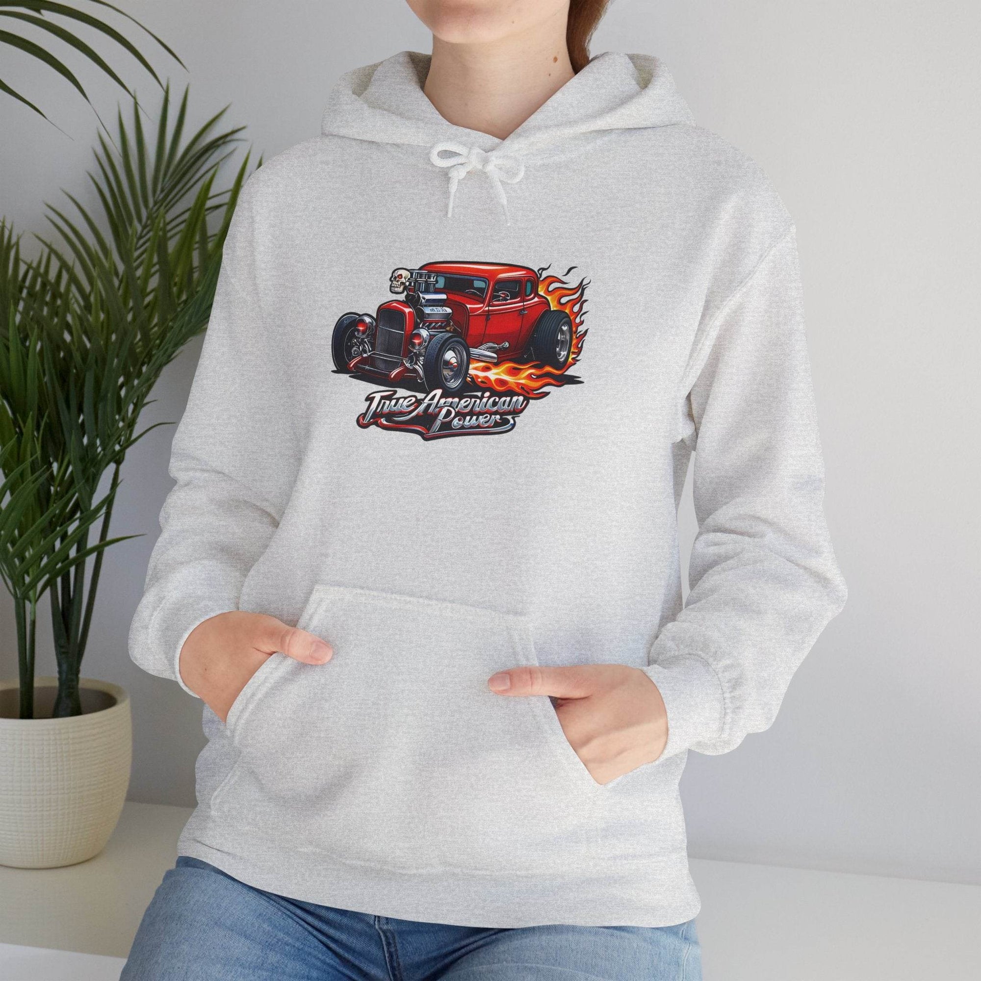 Hot Rod Hoodie with flaming red car graphic on a soft 50/50 cotton-polyester blend.