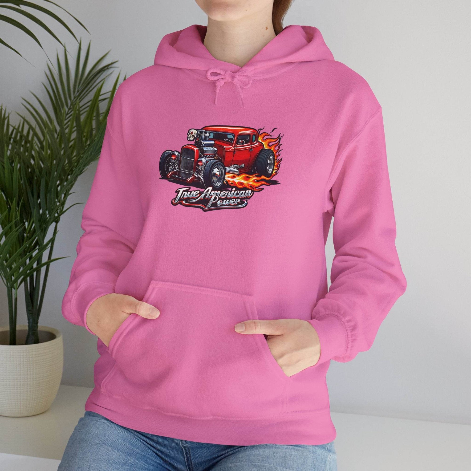 Pink Hot Rod Hoodie with soft 50/50 cotton-poly blend and flaming vintage car graphic