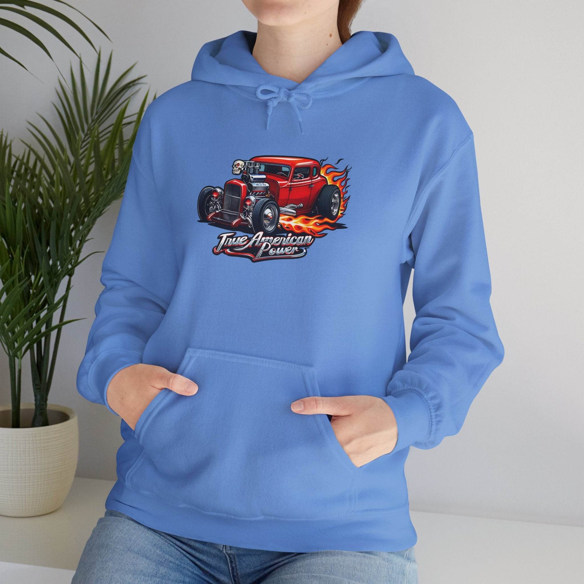 Blue Hot Rod Hoodie with a red vintage car and flames graphic; soft 50/50 cotton-poly blend for cruising or chilling.