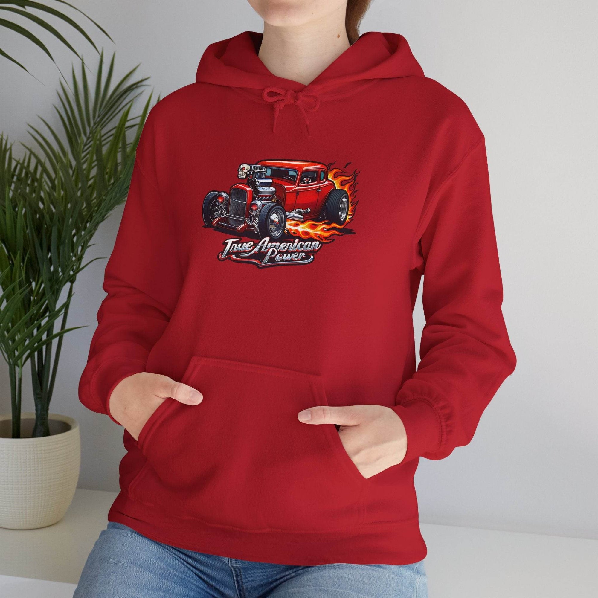 Hot Rod Hoodie: red hoodie featuring a blazing vintage hot rod with flames and bold graphics.