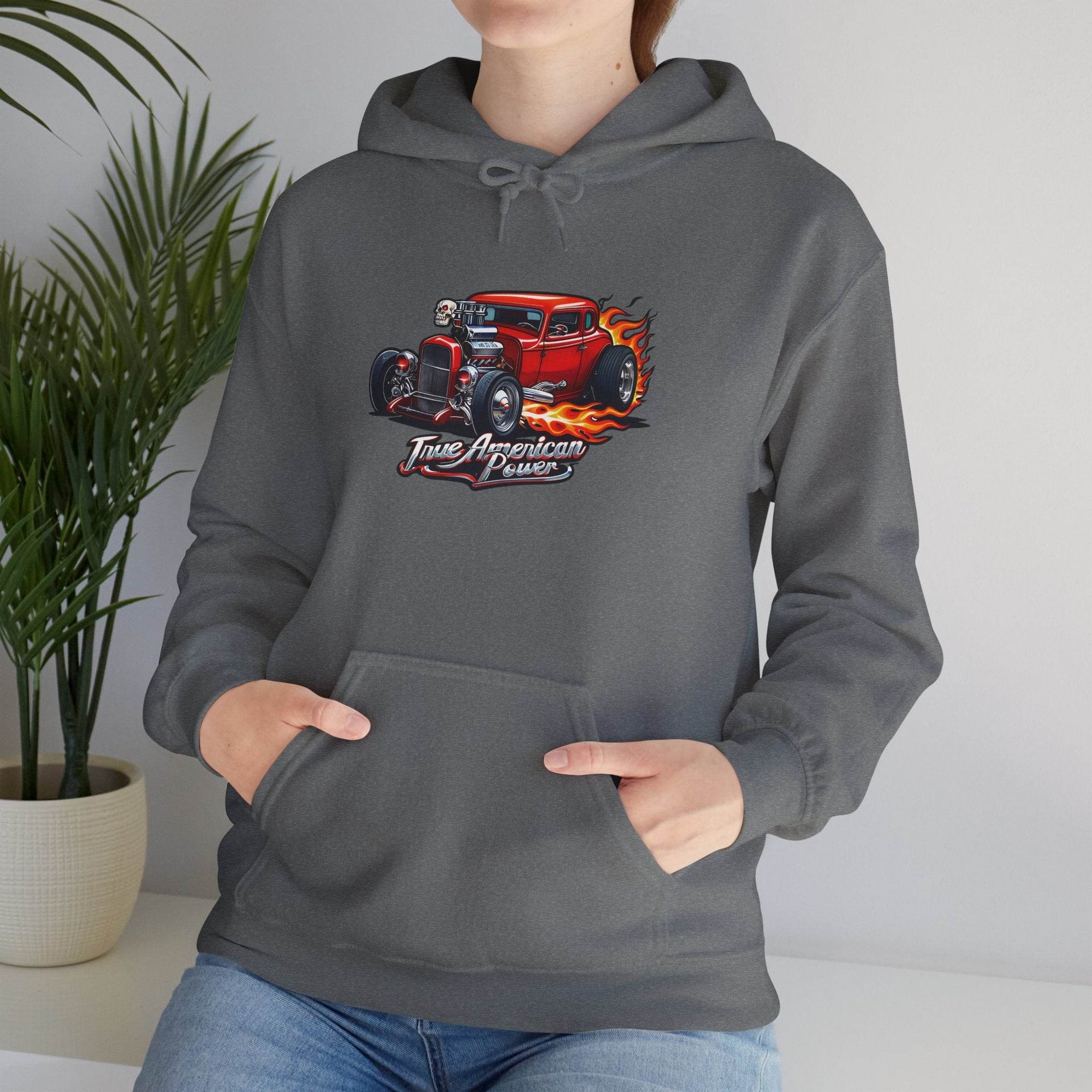 Gray Hot Rod Hoodie featuring a flaming red hot rod graphic and bold True American Power text.