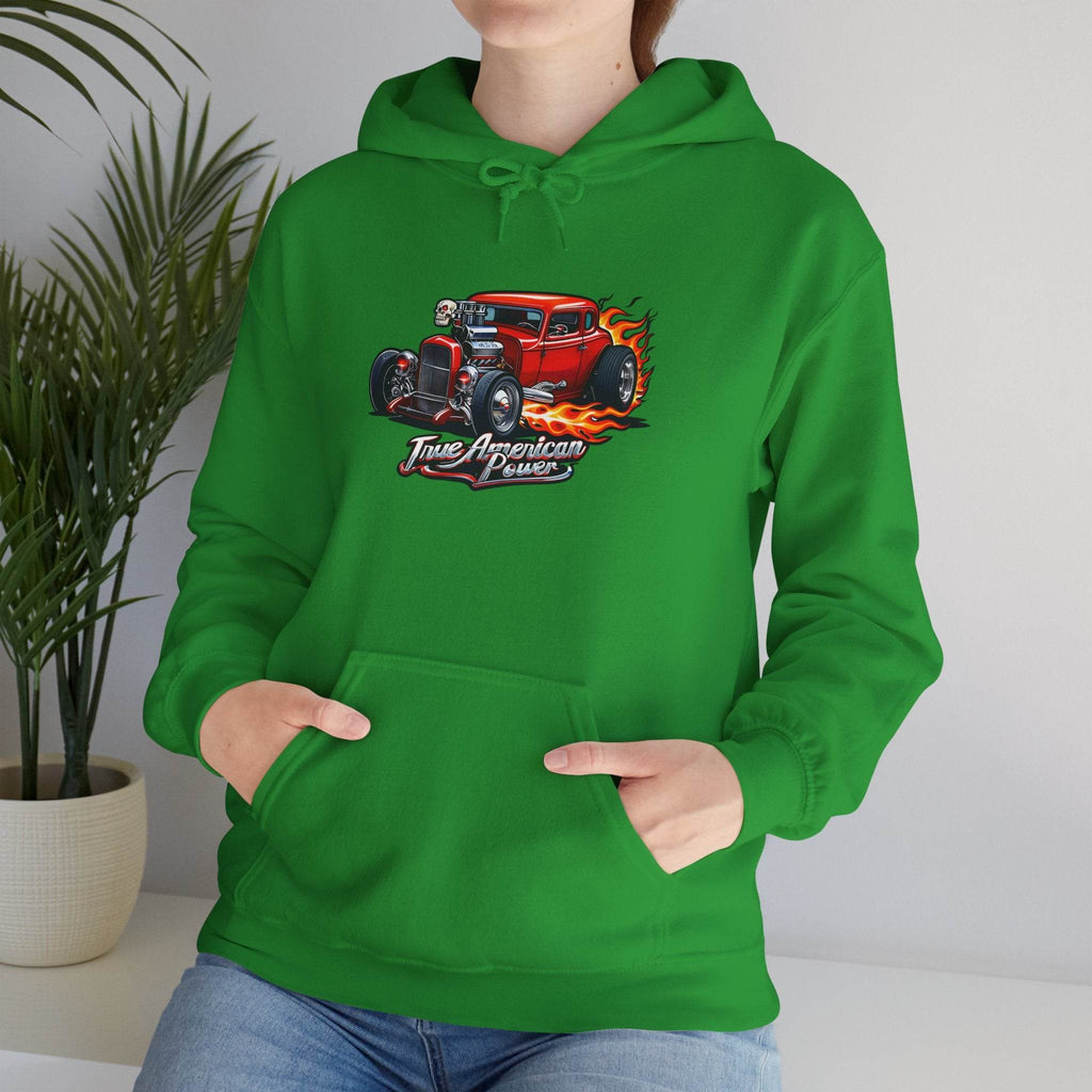 Green Hot Rod Hoodie with a flaming red car graphic and True American Power lettering.