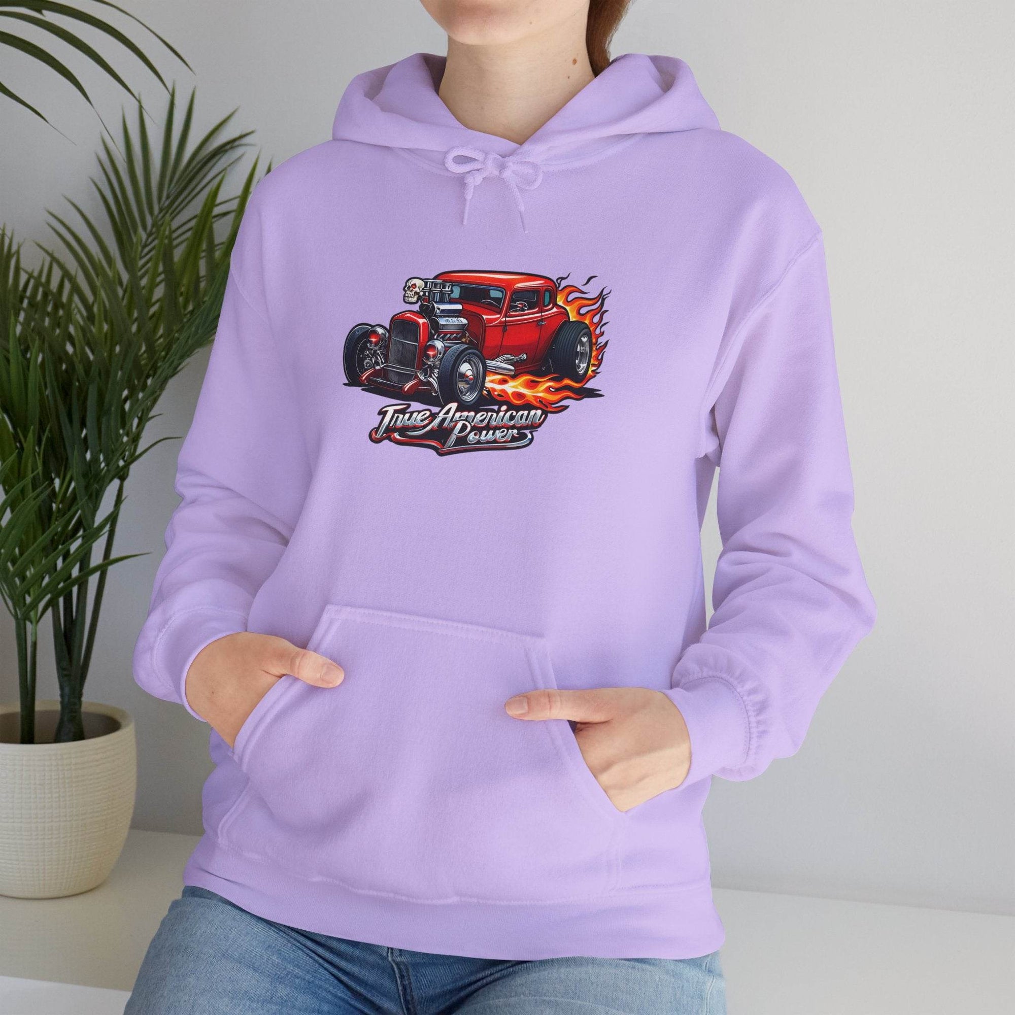 Hot rod Hoodie in lavender with a flaming red hot rod graphic and True American Power logo.
