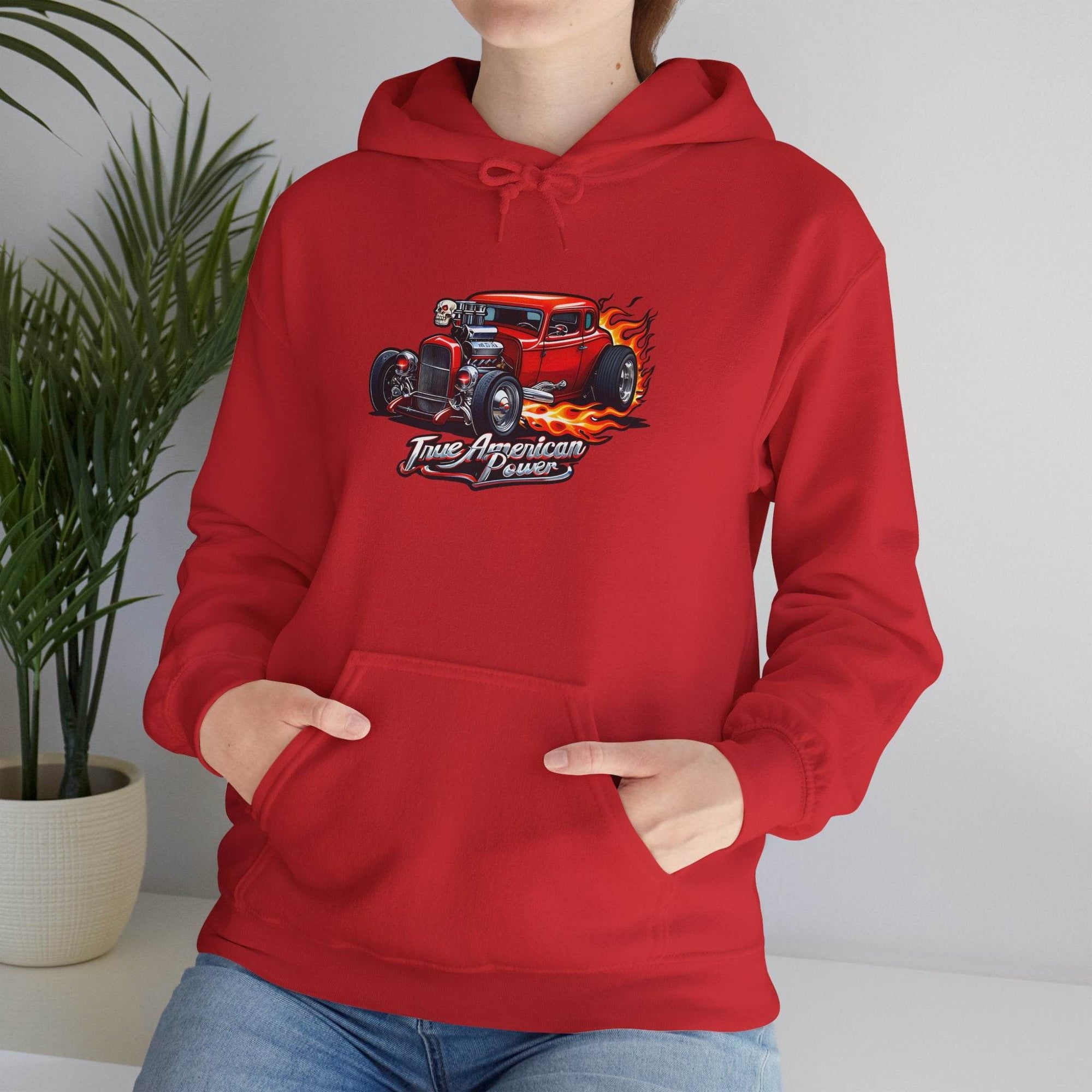 Red hot rod hoodie with a flaming car graphic and True American Power text.