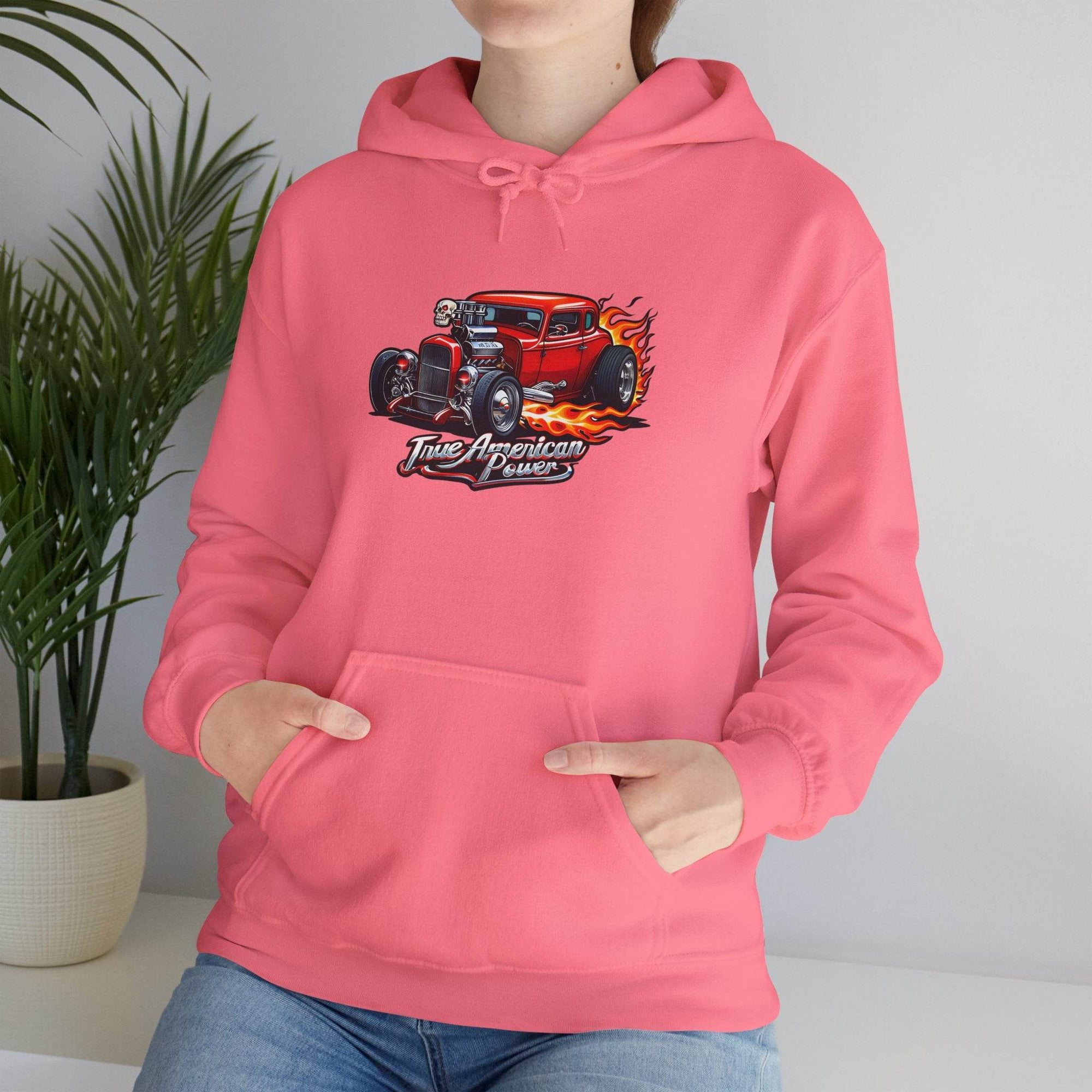 Pink Hot rod Hoodie with a flaming red vintage car graphic and 'True American Power' text.