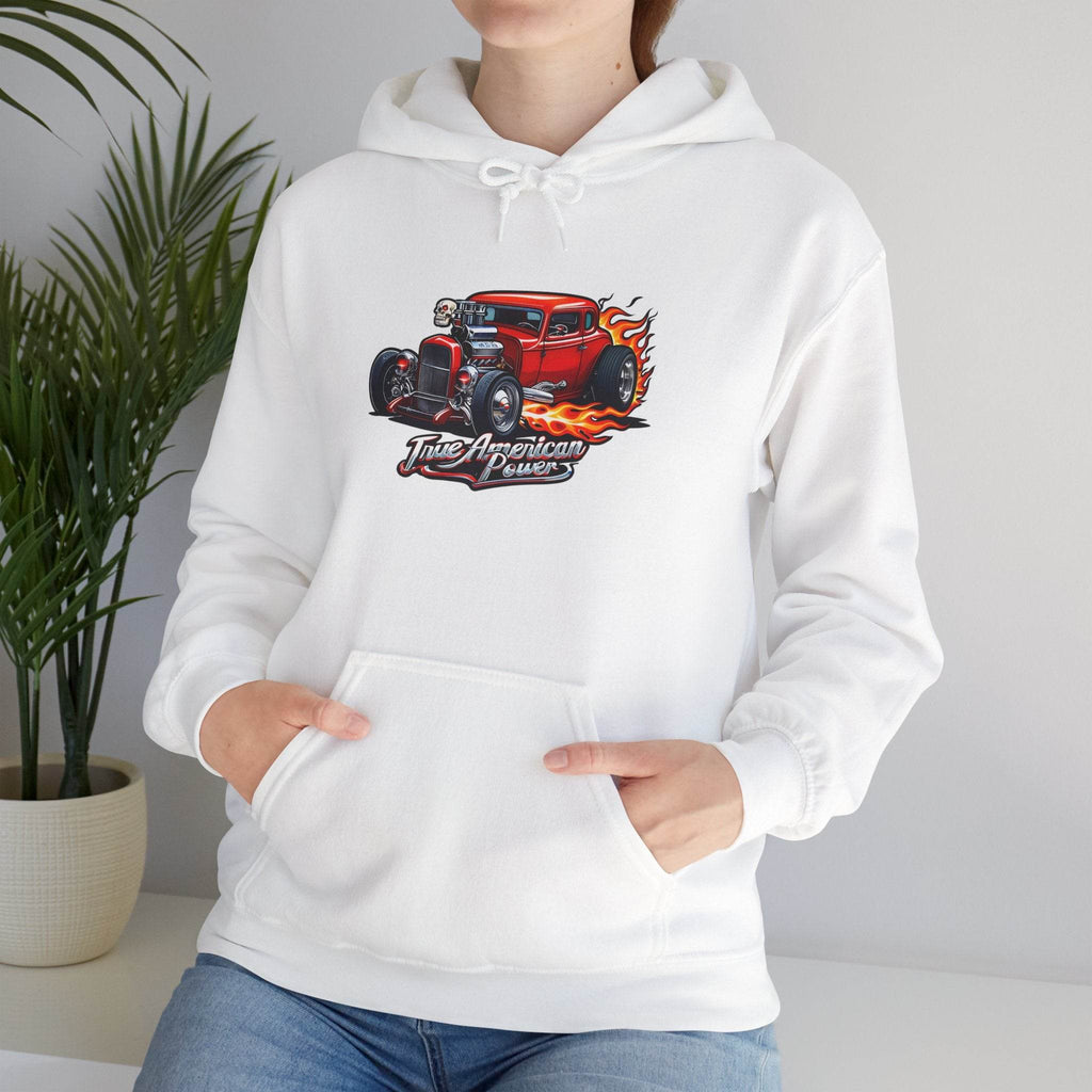 White hoodie with a flaming red hot rod graphic on the chest, 50/50 cotton-poly blend.
