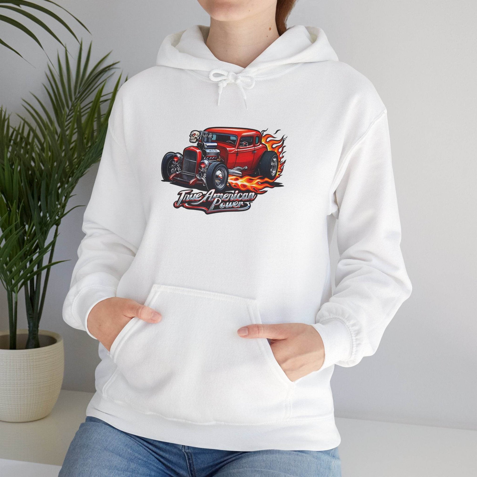 White hoodie with a flaming red hot rod graphic on the chest, 50/50 cotton-poly blend.