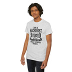 Man wearing light gray Gildan 5000 machinist T-shirt with slogan: I can’t fix stupid, but I can fix what stupid does.